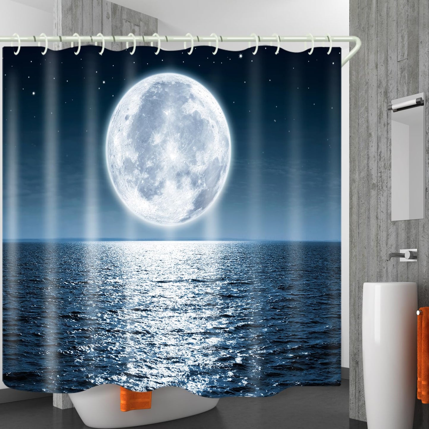LYFANS Bathroom Equipped Wwith 3D Sea Moon Decorative Shower Curtain, Fabric Shower Curtains with 12 Shower Curtain Hooks, Bathtub Curtains, 72x72 Inch Waterproof Shower Curtains