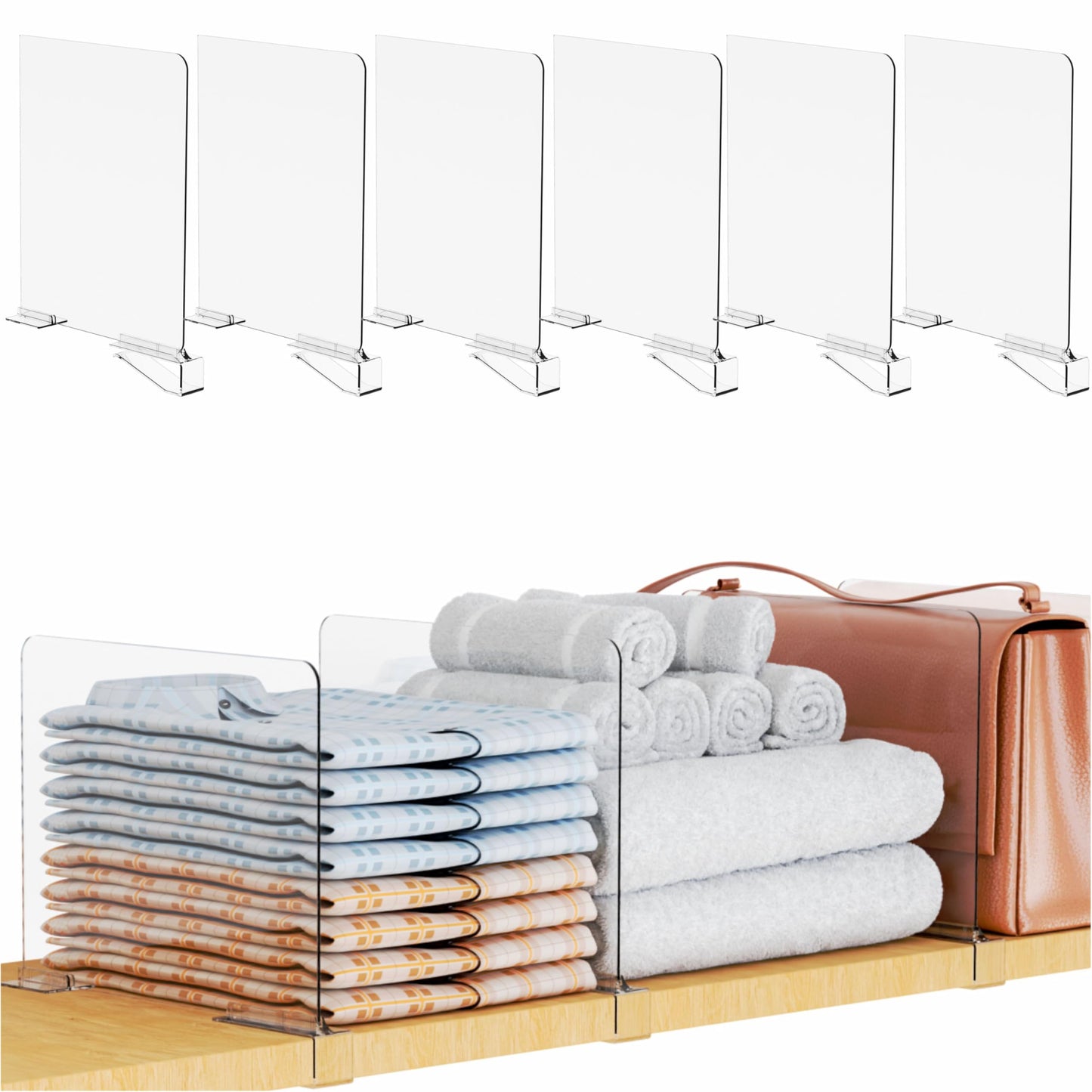 Yieach Adjustable Height Clear Shelf Dividers,6 Pack Acrylic Closet Shelf Dividers for Organization,11.1 Inch Tall Vertical Plastic Shelf Separators for Towel,Sweater,Towel Organizers and Bookshelf