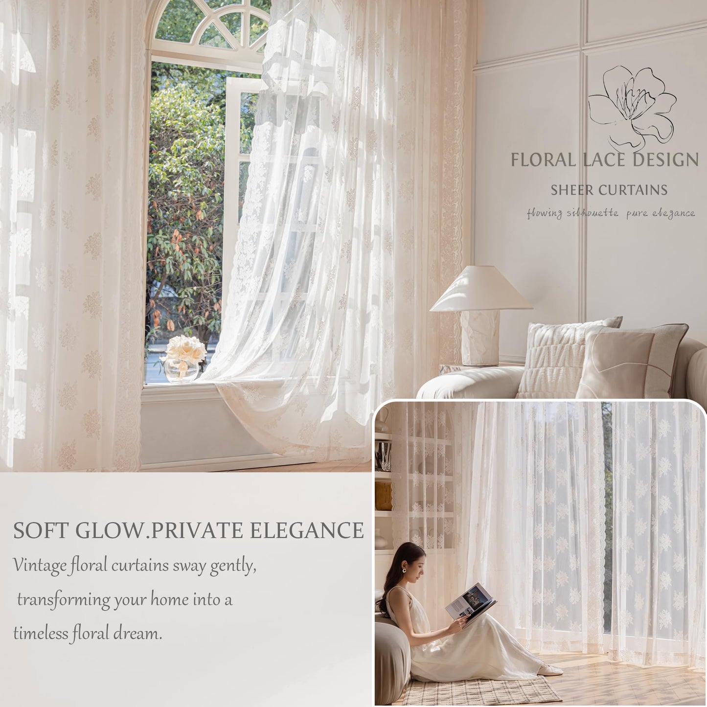 Ivory Lace Curtains 84 Inch Long Vintage Rose with Scalloped Edges Semi Sheer Curtain Drapes for Living Room, Bedroom Cream Lace Window Sheer Curtains with Rod Pocket, 57"W x 84"L, 2 Panels