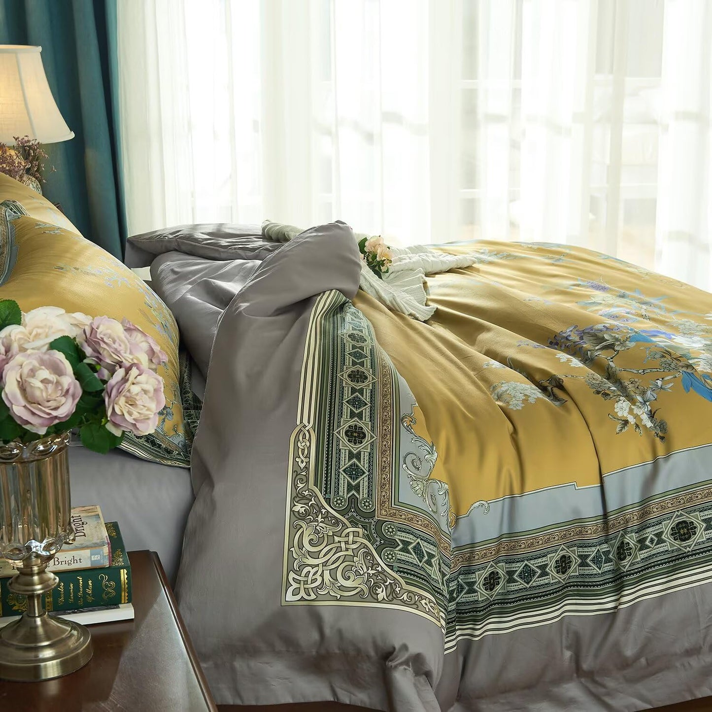 mixinni King Size Duvet Cover Set - 3PC Garden Style Long Staple Cotton Golden Floral Bedding, Chinoiserie Chic Botanical Print, Reversible Design, Zipper Closure, Soft & Breathable for Him & Her