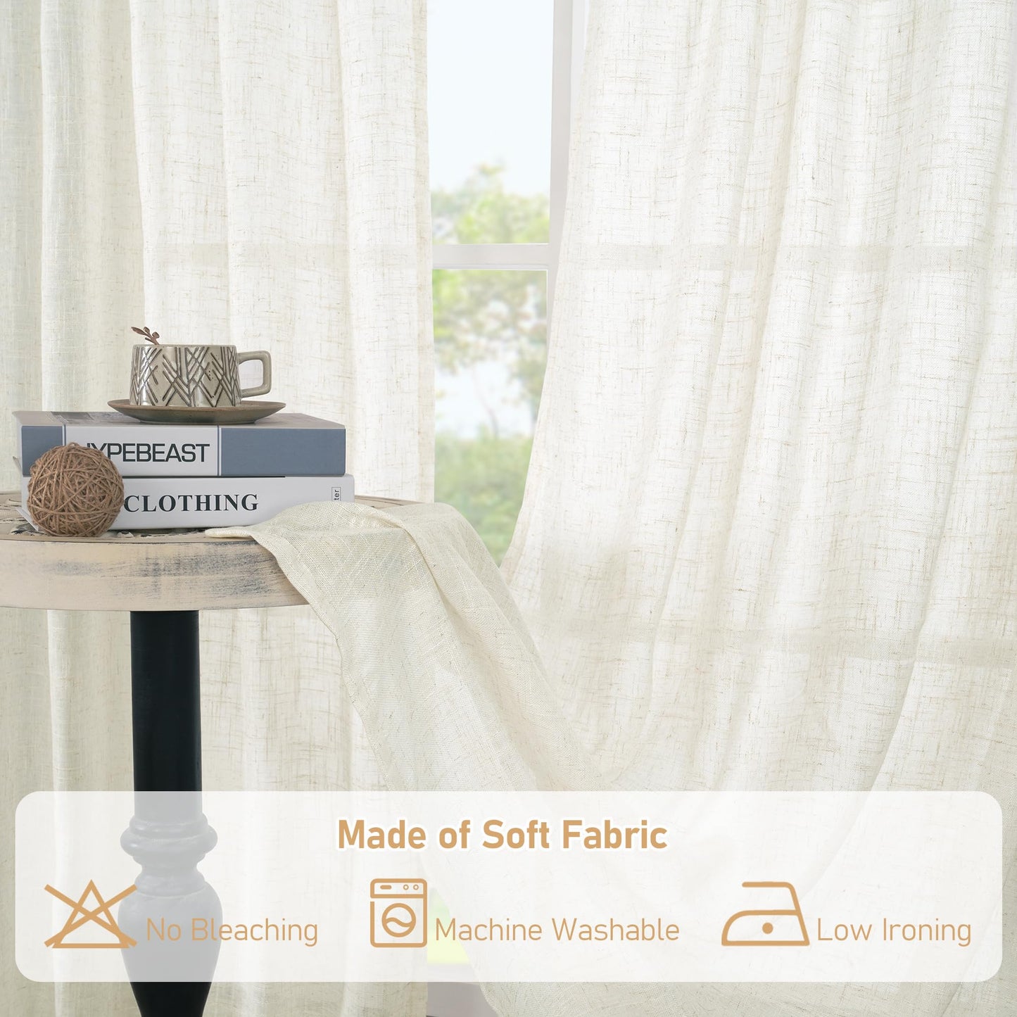 LAMIT Linen Semi Sheer Curtains 63 Inch Length 2 Panels, Light Filtering Neutral Window Bedroom Curtains Farmhouse Boho Bronze Grommet Drapes for Living Room/Dining Room, Cream, 34 x 63 Inch