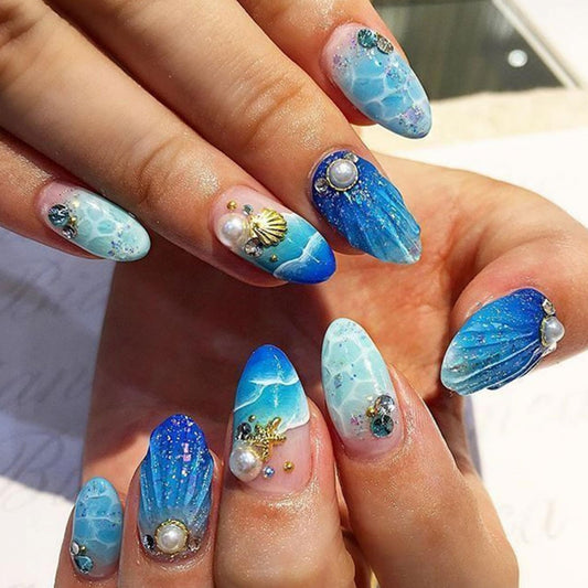 octoswave Press on Nails Long Almond Blue Ocean Wave Design False Nails with Seashell Pearl Accents 3D Textured Summer Beach Mermaid Style Fake Nails for Women 24Pcs