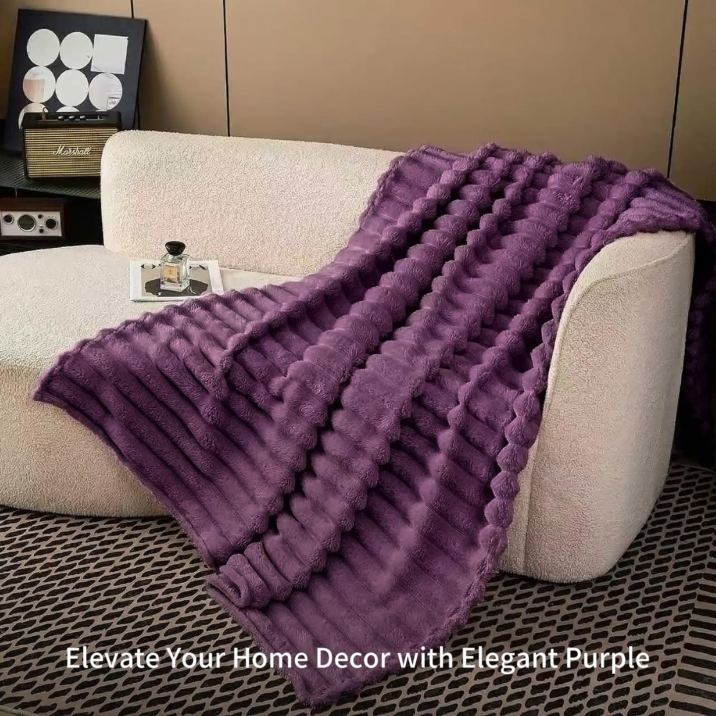 SS-Sunrise Fleece Throw Blanket for Bed 80"x90", Fluffy 3D Ribbed Jacquard Coral Purple Flannel Blanket 330gsm, Soft Plush Blanket for Home Decor