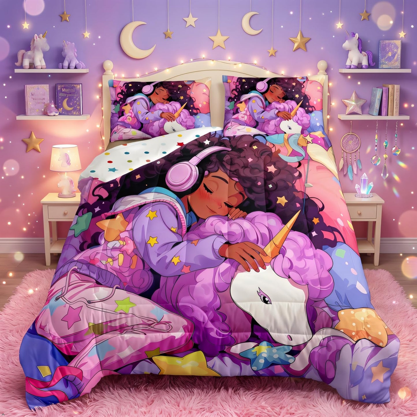 Erosebridal Black Girls Bedding Set Unicorn Afro Girl Twin Comforter Set for Girls,American African Princess Magical Cartoon Horse Quilt for Toddler Kids Teenager,Cute Room Decor