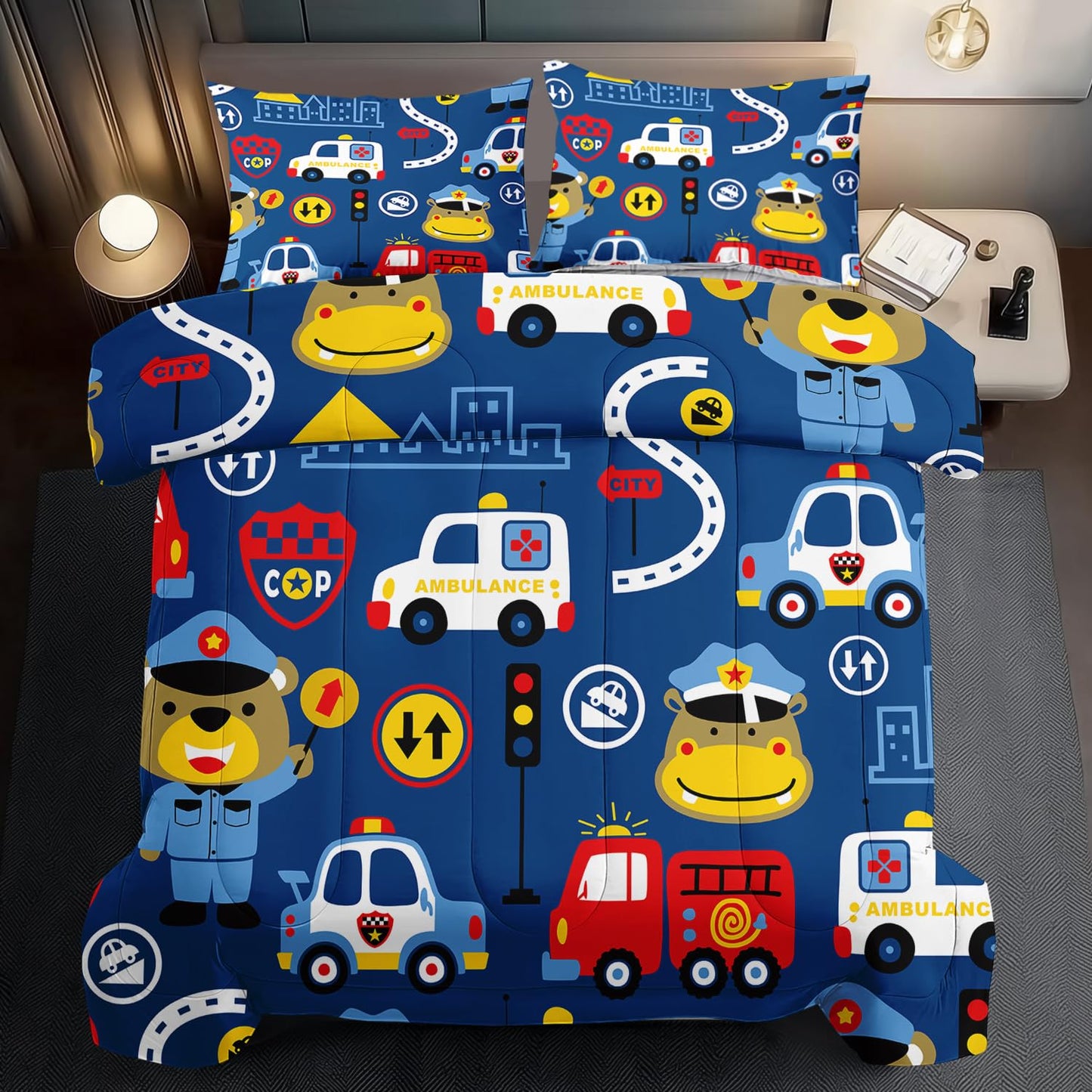 llyxsesty Kids Cop Car Comforter Set Queen Boys Fire Truck Bedding Set for Teens,Bear Comforter Queen Quilt Toy Police Car Bedroom Decor Cartoon Animal Bedding Bed Decor