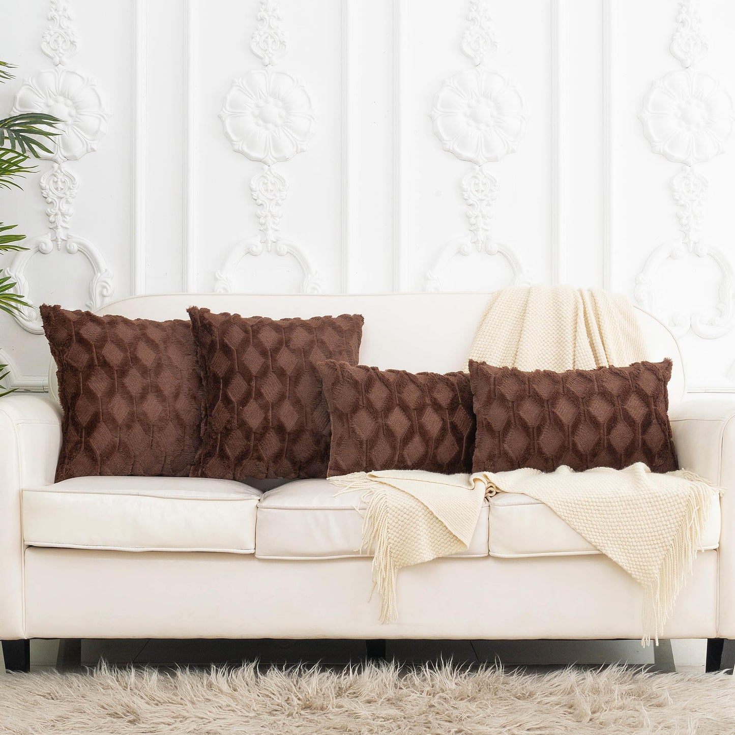 Smile of hope Brown Throw Pillow Covers 18x18 Set of 2 Decorative Farmhouse Couch Throw Pillows Boho Shells Cute Soft Plush Wool Winter Pillowcases for Bedroom Living Room Sofa