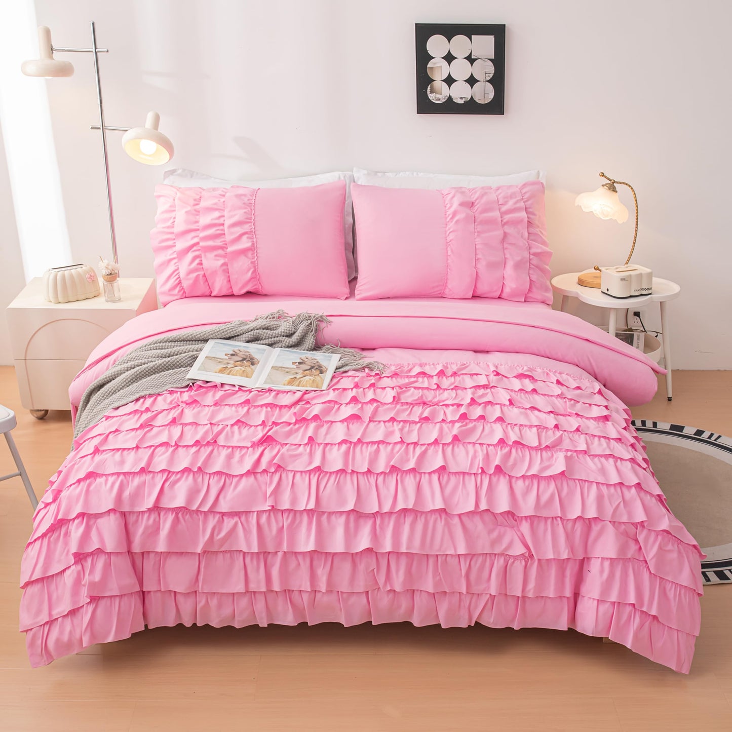 Yadangxiawa Pink Comforter Set Twin, 5-Piece Bed in a Bag Twin for Teen Girls, Pink Ruffle Bedding Set for Girls Kids, Teen Girl Bedding Sets,Princess Dress Comforter for All Season
