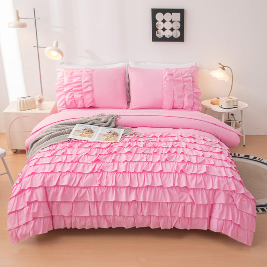 Yadangxiawa Pink Comforter Set Twin, 5-Piece Bed in a Bag Twin for Teen Girls, Pink Ruffle Bedding Set for Girls Kids, Teen Girl Bedding Sets,Princess Dress Comforter for All Season