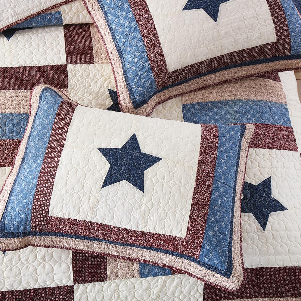 VISIMISI Cotton Bedding Quilt Sets 3 Pieces Reversible Coverlet Sets All Season Boys Real Patchwork Bedspread, MediterraneanStar Pattern,King Size