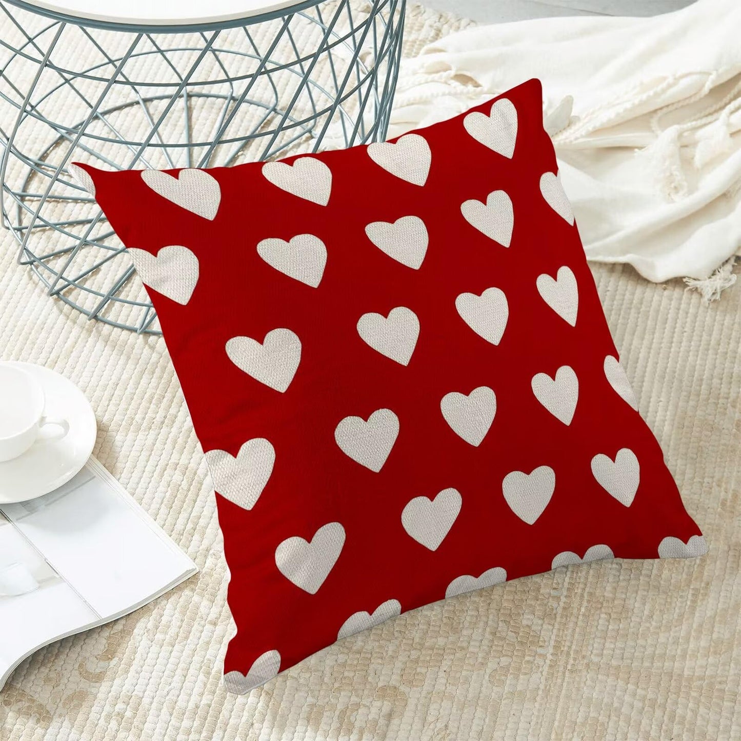 AEIOAE Valentines Pillow Covers 18x18 Inch Set of 2, Red Love Hearts Throw Pillows Farmhouse Linen Love Hearts Pillow Case for Sofa Bedroom Living Room Indoor Outdoor