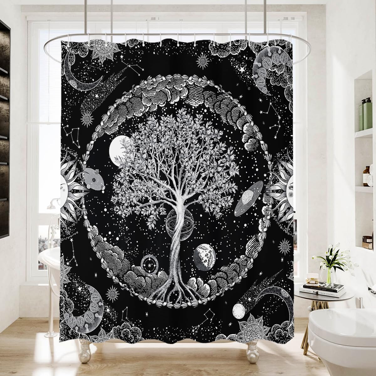 HMS Happy Memories Bohemian Plant Boho Floral Print Shower Curtain, Polyester Fabric Cloth for Bathroom Decor 72×72 Inch Standard Size with 12 Hooks, Also as Room Divider (Black Tree)