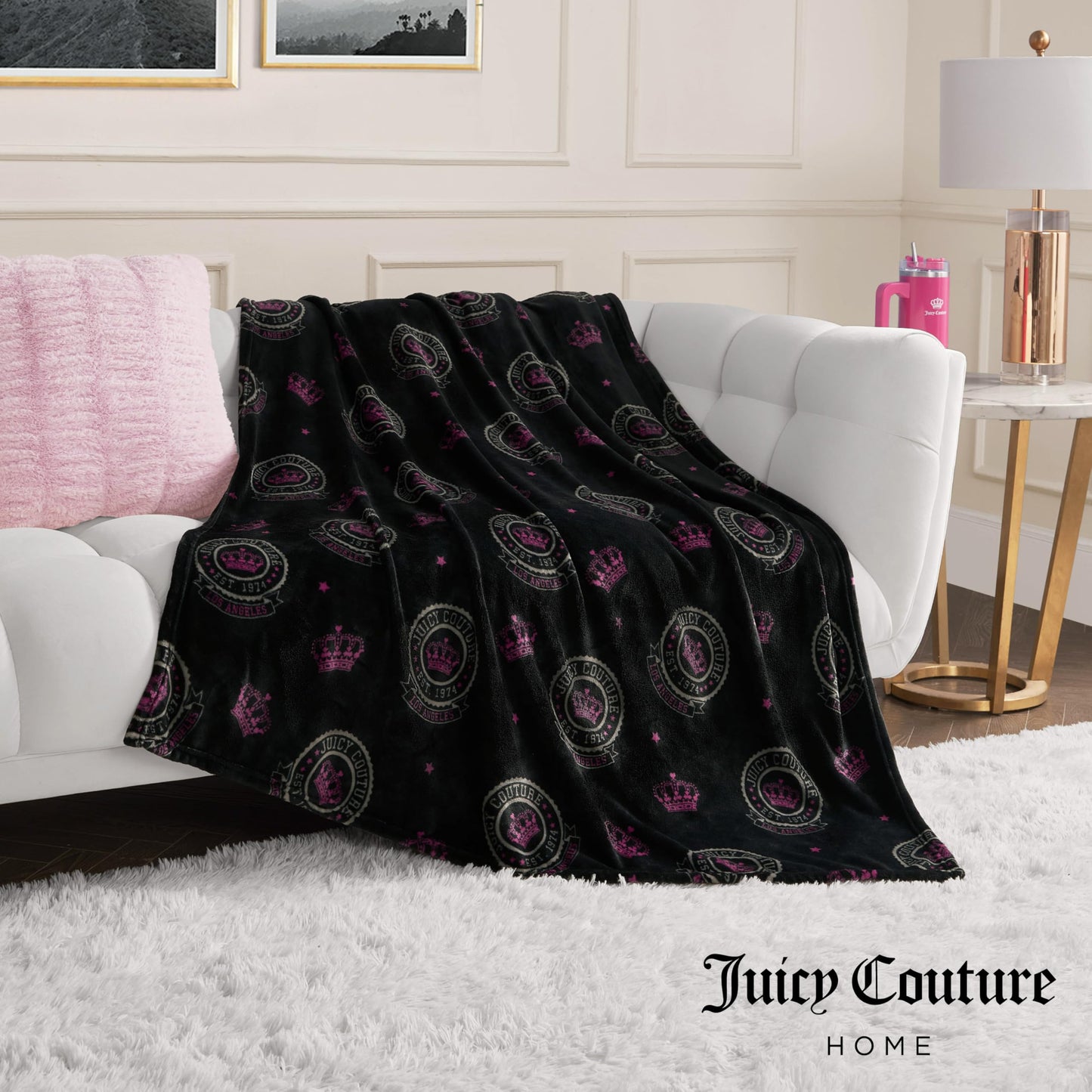 Juicy Couture - Throw Blanket, Juicy Emblem, Plush and Cozy, Decorative Blankets for Sofas, Chairs and Beds, Luxurious and Soft, Chic Home Decor, Measures 50" x 70", Emblem Black