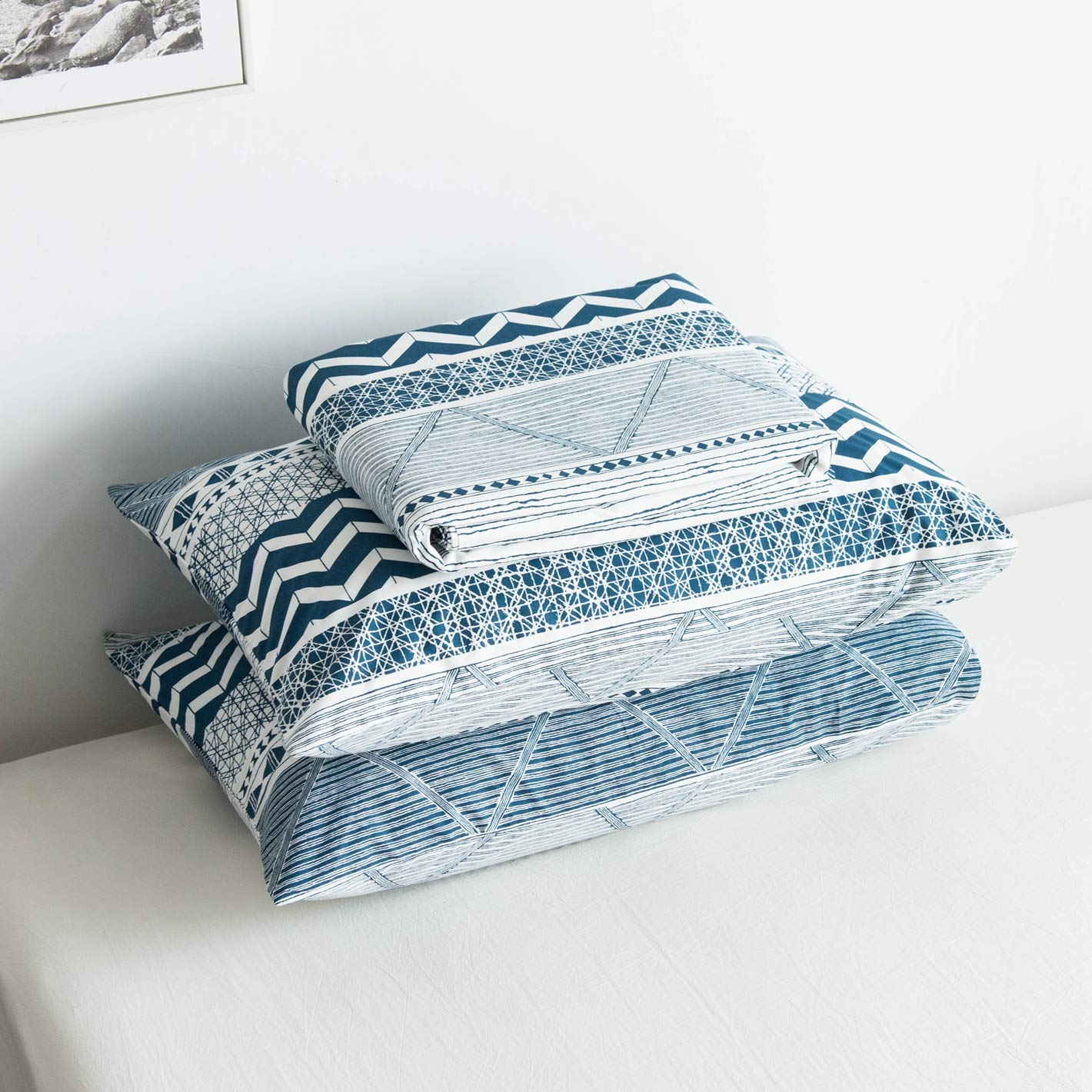 SUSYBAO Blue White Boho Duvet Cover Queen 100% Cotton Teal Bohemian Duvet Cover 3 Pieces Set 1 Vintage Aztec Patterned Duvet Cover with Zipper Ties 2 Pillowcases Soft Striped Bedding Set