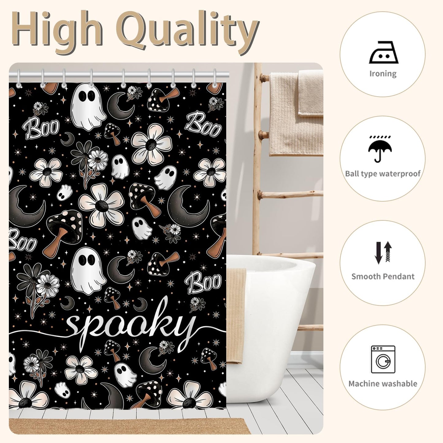 FAMTUDE Floral Halloween Shower Curtain,Black Spooky Cute Funny Ghost Boo Shower Curtains for Bathroom,Waterproof Home Decor with 12 Hooks,72 X 72 Inches