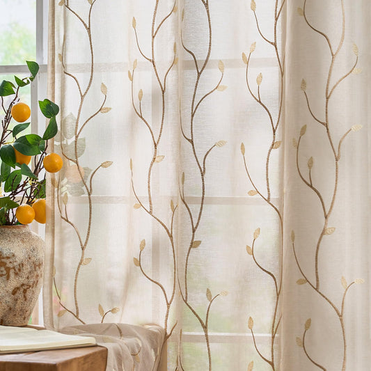 jinchan Sheer Curtains for Bedroom 96 Inch Length Leaf Embroidered Semi Sheers for Living Room Botanical Embroidery Voile Transparent Grommet Window Treatments 2 Panels