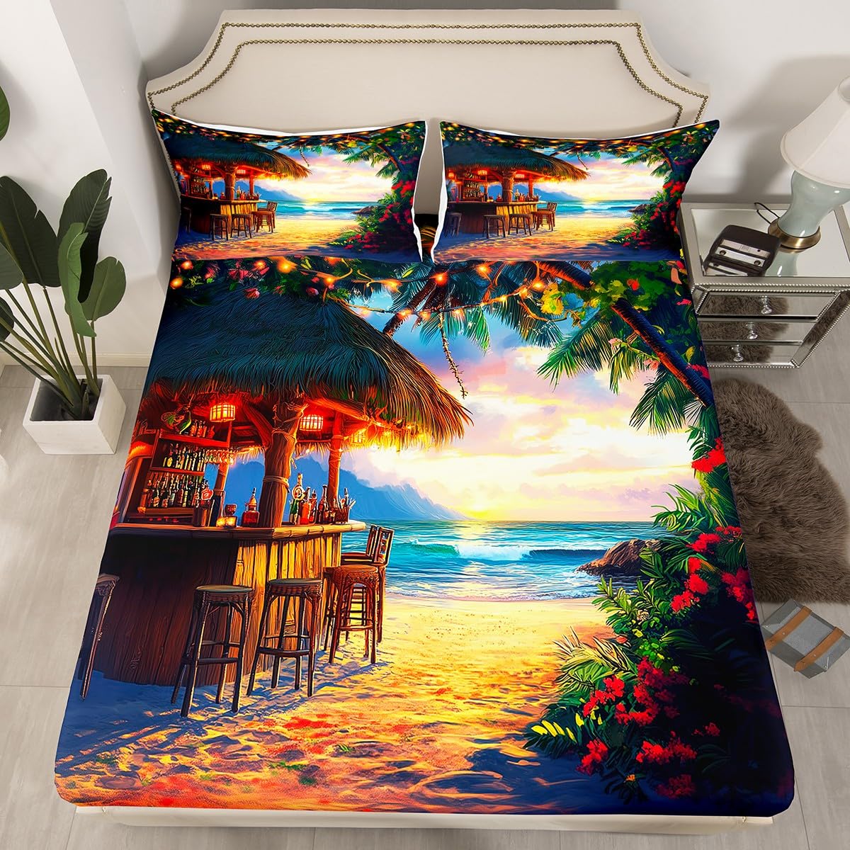 Erosebridal Tiki Bar Fitted Sheet Queen Size, Ocean Beach Bed Sheets Palm Tree Leaves Bedding Set for Kids Teens Adult Bedroom Decor, Tropical Hawaii Theme Sheets with 2 Pillow Cases