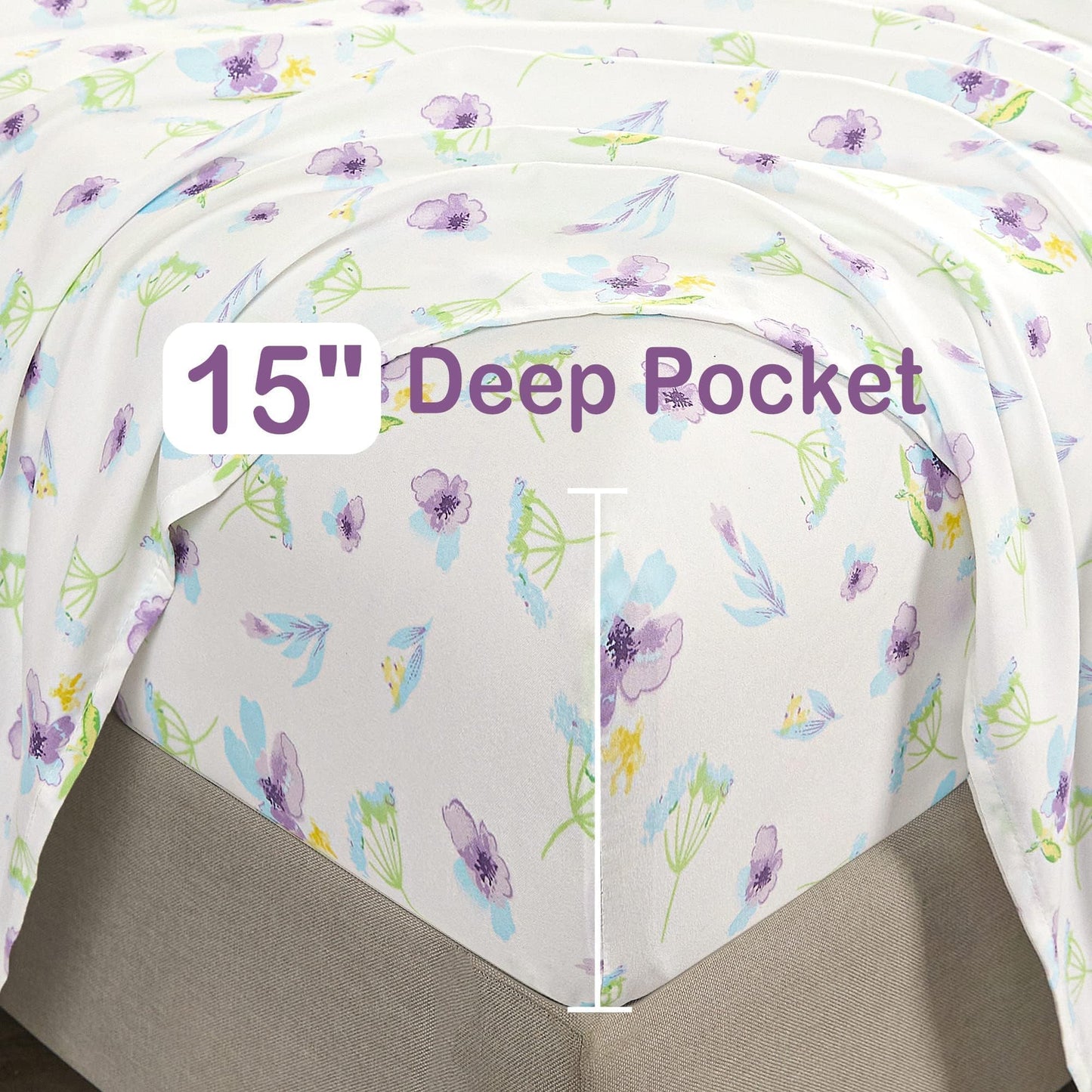 Softan Floral Queen Sheet Set Purple Flower Bed Sheets Queen Printed Sheets - 4 Piece Soft Microfiber Patterned Fitted Sheets with 15" Deep Pocket and Corner Straps, Cute Blue Flower Sheets
