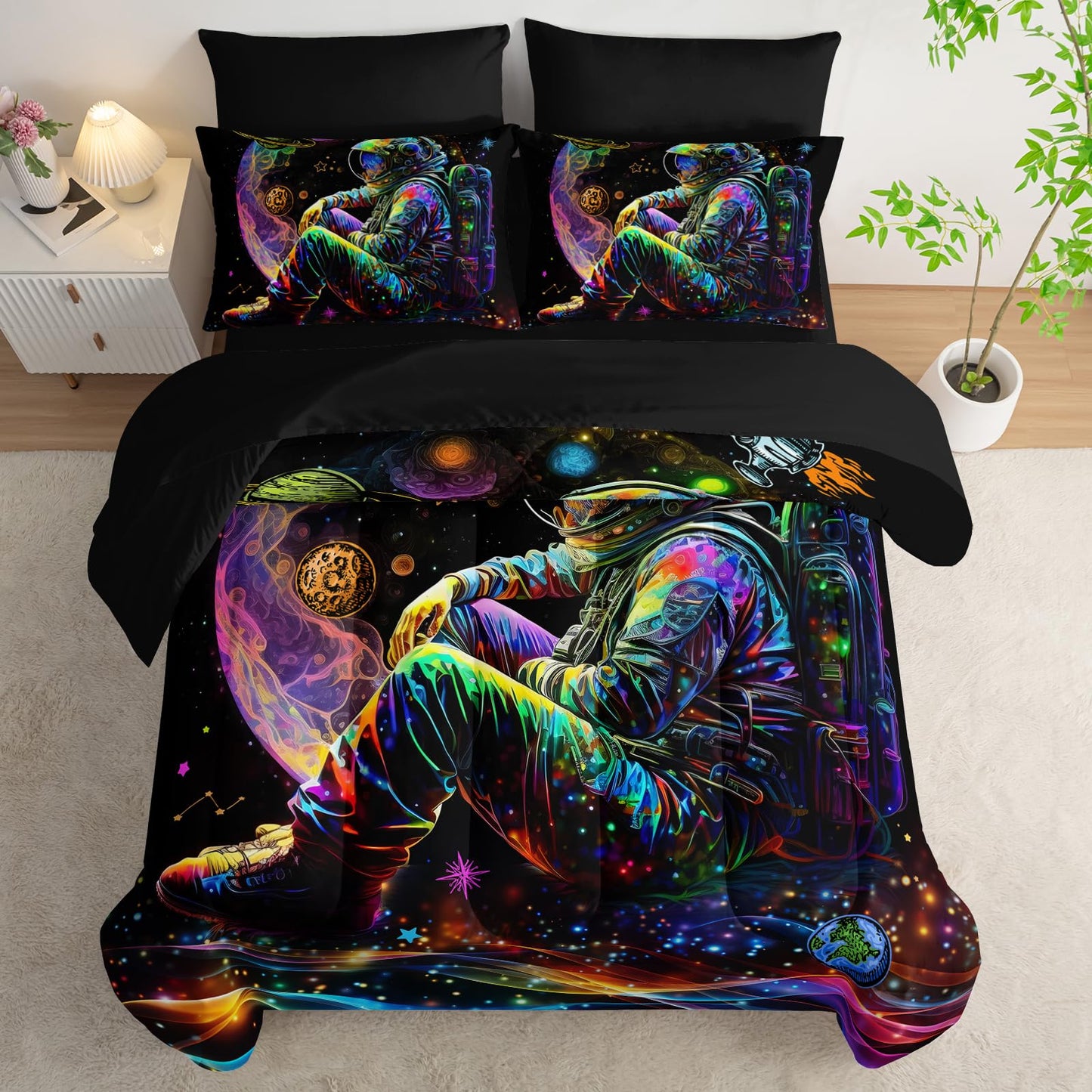 AILONEN Astronaut Space Comforter Set Twin - 7Pcs Soft Bed in a Bag - Rocket Planet Spacemen Comforter,Fitted Sheet,Flat Sheet,2 Pillowcases,2 Pillow Shams for Room Decor