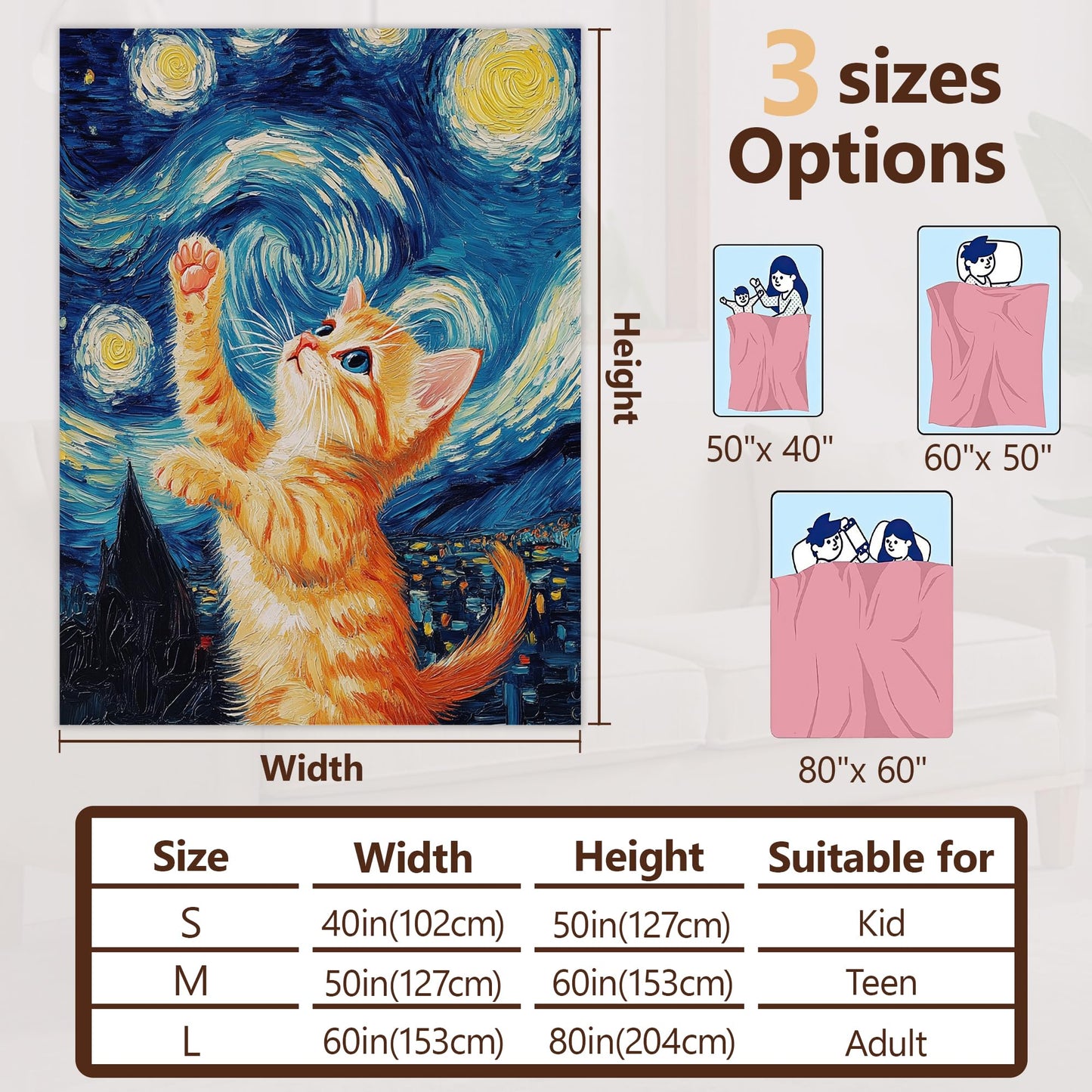 Throw Blanket for Couch,Cute Cat Plush Fall Throw,Blue Starry Sky Soft Fluffy Blanket for Sofa Decoration,Flannel Fleece Blanket for Naps,Reading,Traveling,Camping,50 X 60 Inch