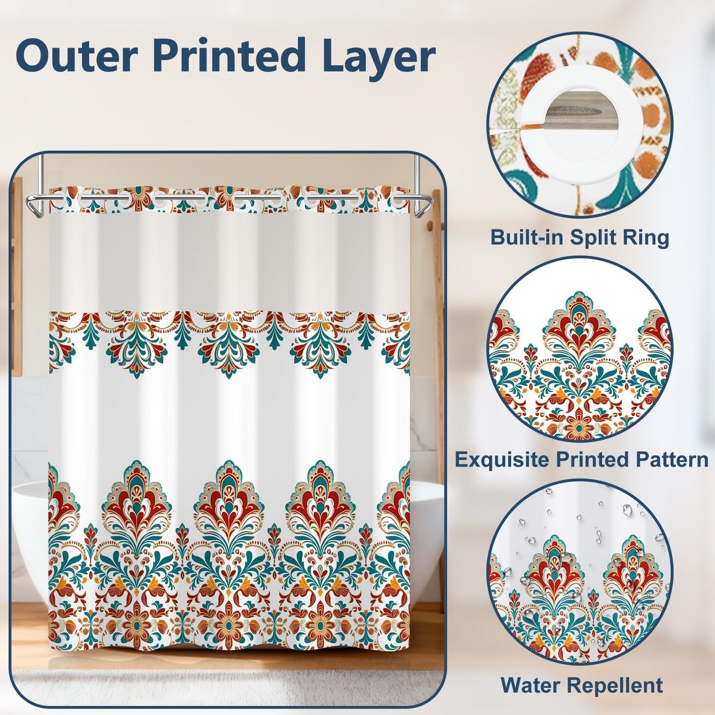 Boho Paisley Damask Shower Curtain with Snap in Liner, Vintage Bohemian Red Floral Exotic Bathroom Curtains, Double Layers Waterproof Fabric No Hook Shower Curtain and Weighted Hem, 71x74 Inch