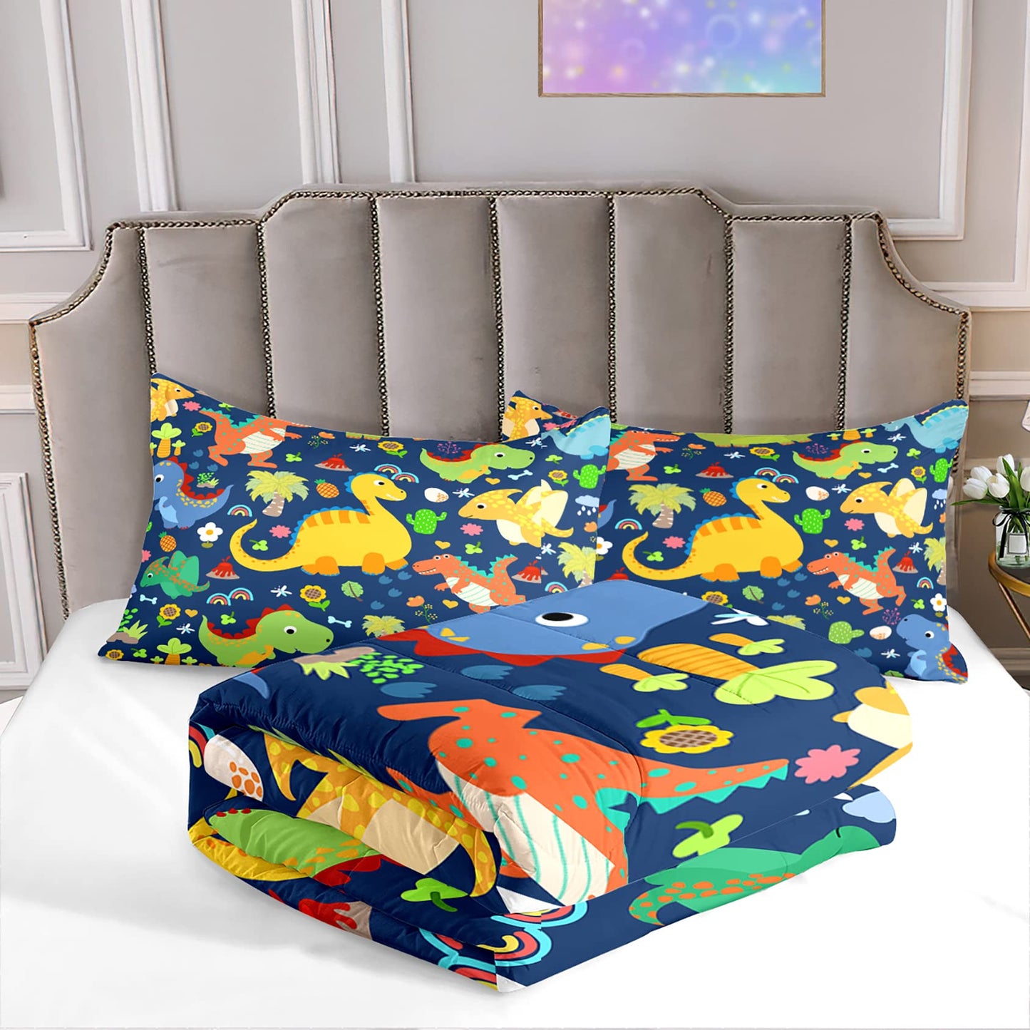 Dinosaur Bedding Set for Boys' Room - Blue Dinosaur Comforter, 1 Full Comforter with 2 Pillowcases