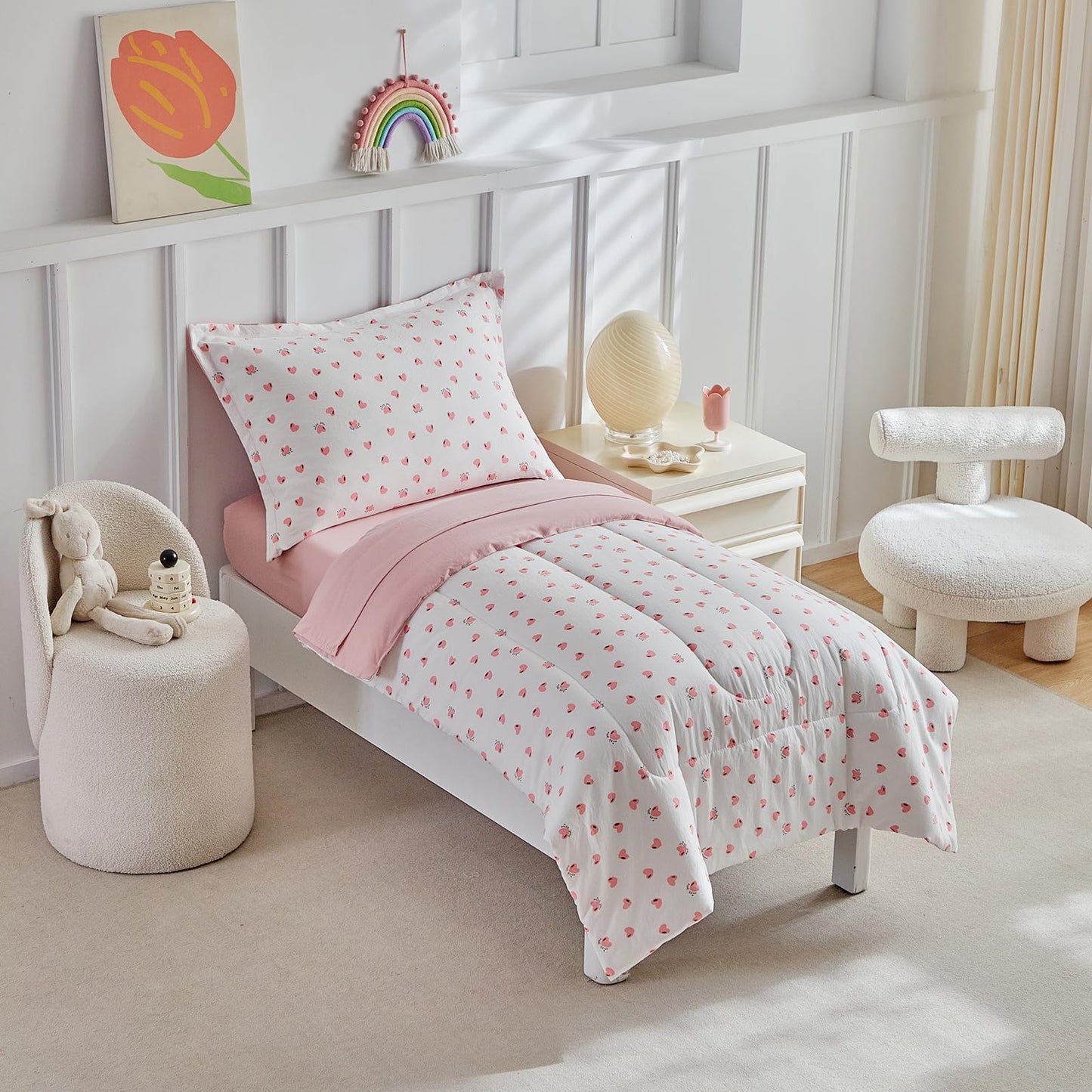 DuShow Toddler Bedding Set for Girls,4 Piece Bed-in-a-Bag Toddler Comforter Sets,Pink Heart Crib Bedding Sheets Set,Include Quilt Comforter,Flat Sheet,Fitted Sheet,Pillowcase