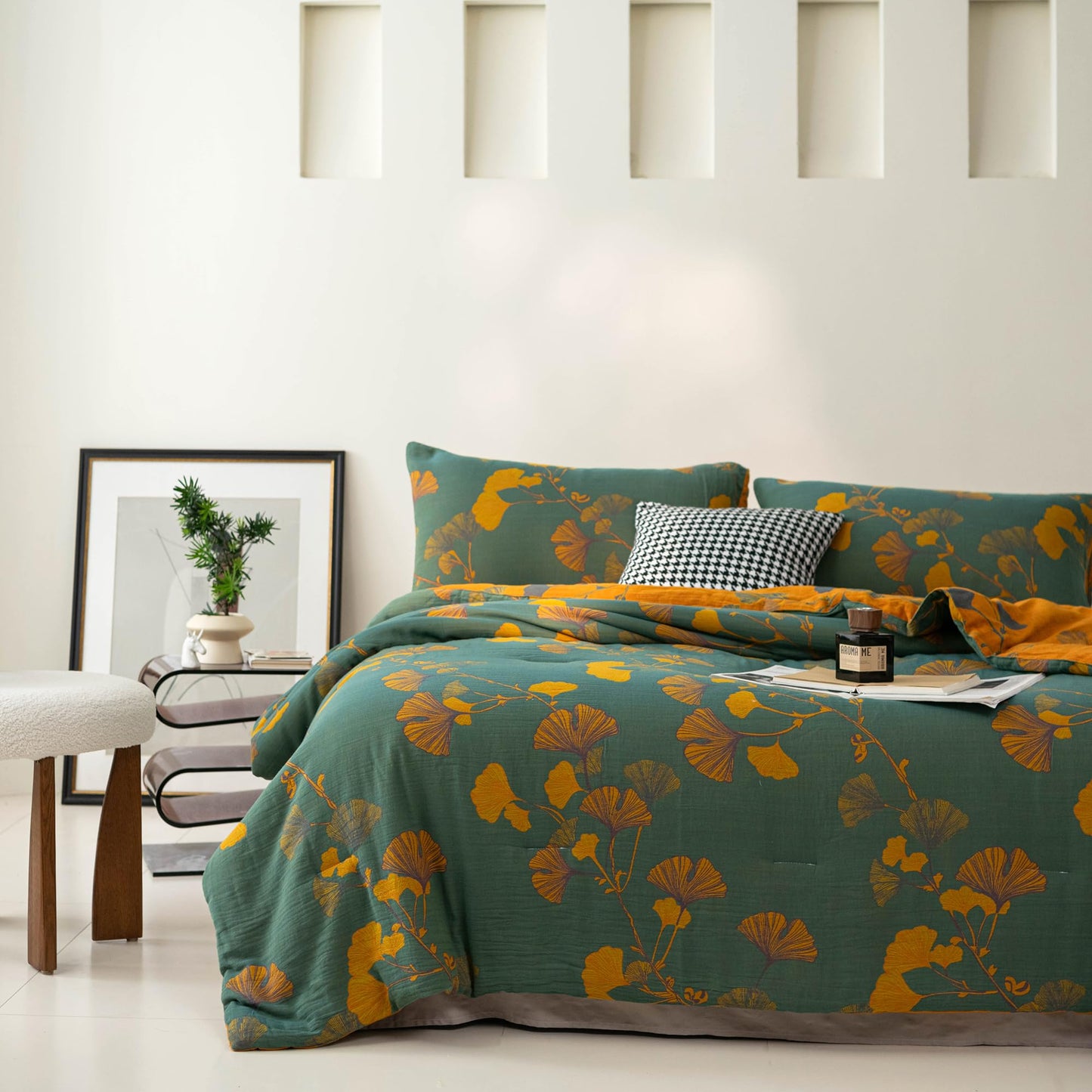 Purefair 100% Cotton Muslin Jacquard Comforter Set, Floral Ginkgo Leaves Print, Soft Lightweight Reversible 3 Piece Bedding Sets for All Season, Green Yellow, Full/Queen(90"x90")