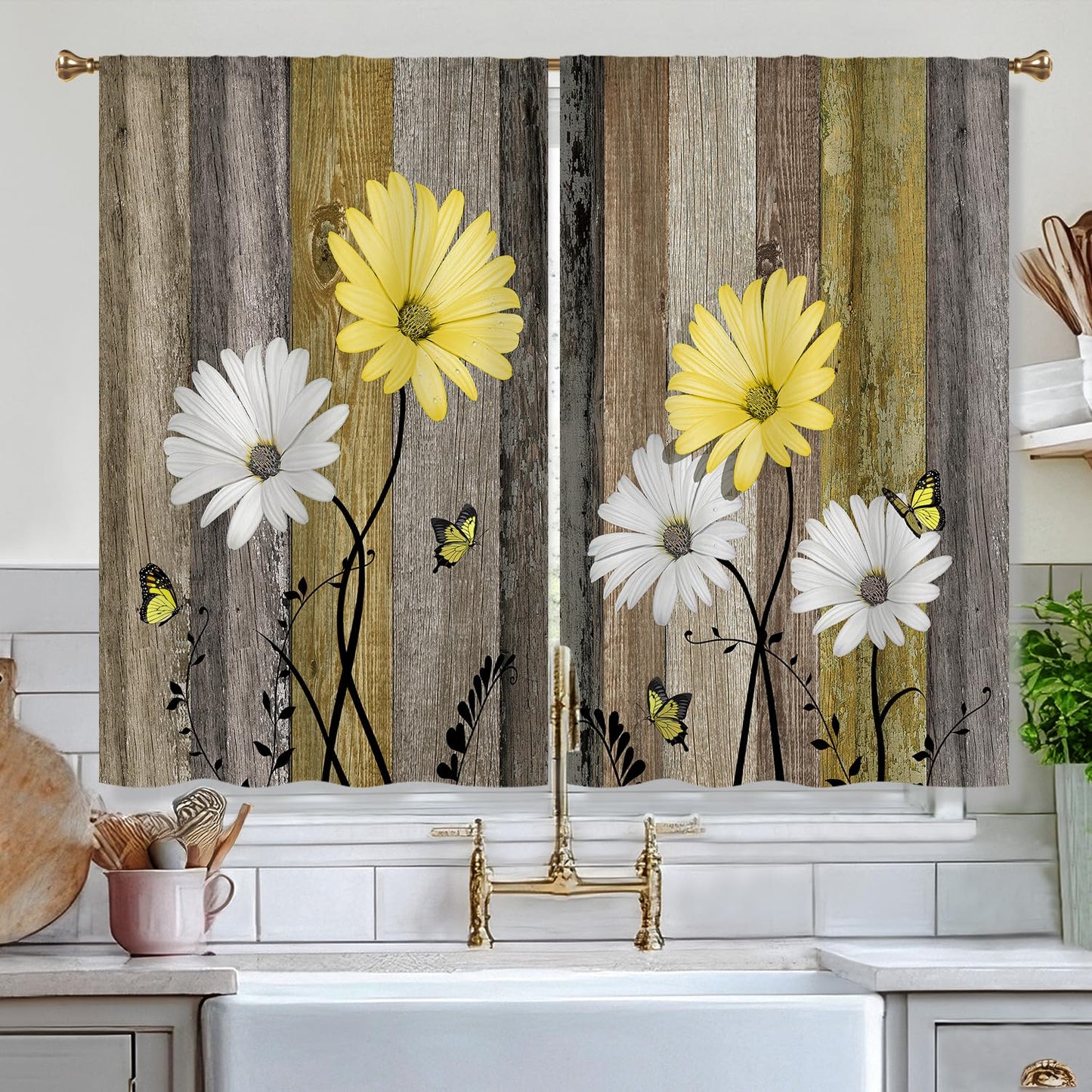 Cizuug Farmhous Yellow Daisy Kitchen Curtains Wooden Flower Small Short Cafe Window Curtains Rustic Floral Butterfly Country Barn Bathroom Drapes Treatment Tier Curtains 2 Panels
