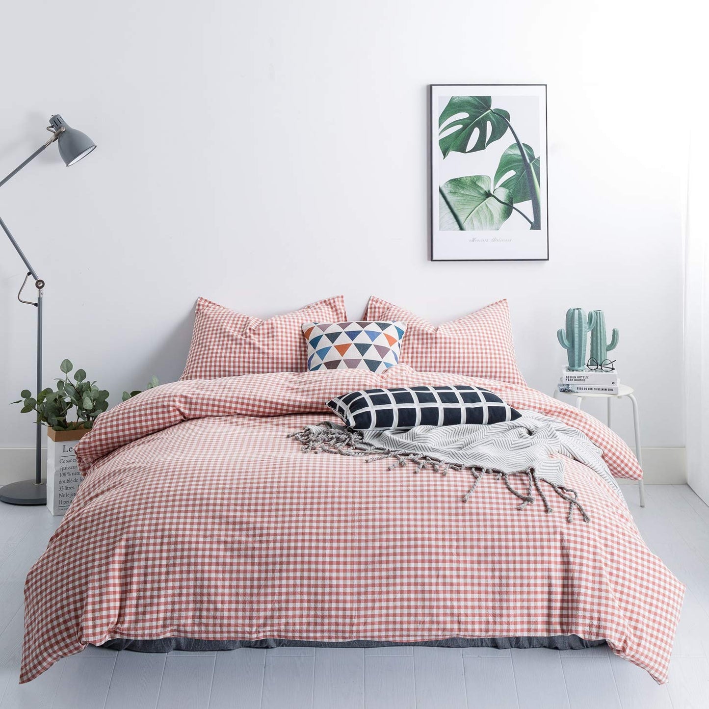 SUSYBAO Orange Gingham Plaid Duvet Cover Queen 100% Washed Cotton Coral Grid Duvet Cover Set 3 Pcs 1 Checkered Gingham Duvet Cover with Zipper Ties 2 Pillowcases Luxury Soft Orange Plaid Bedding Set