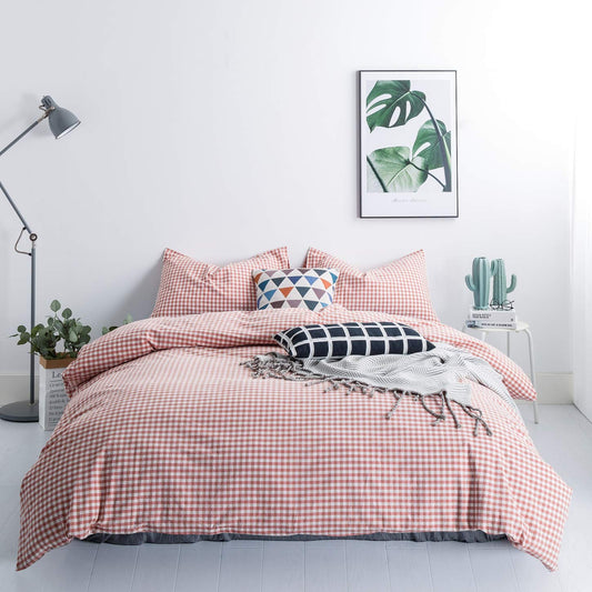 SUSYBAO Orange Gingham Plaid Duvet Cover Queen 100% Washed Cotton Coral Grid Duvet Cover Set 3 Pcs 1 Checkered Gingham Duvet Cover with Zipper Ties 2 Pillowcases Luxury Soft Orange Plaid Bedding Set