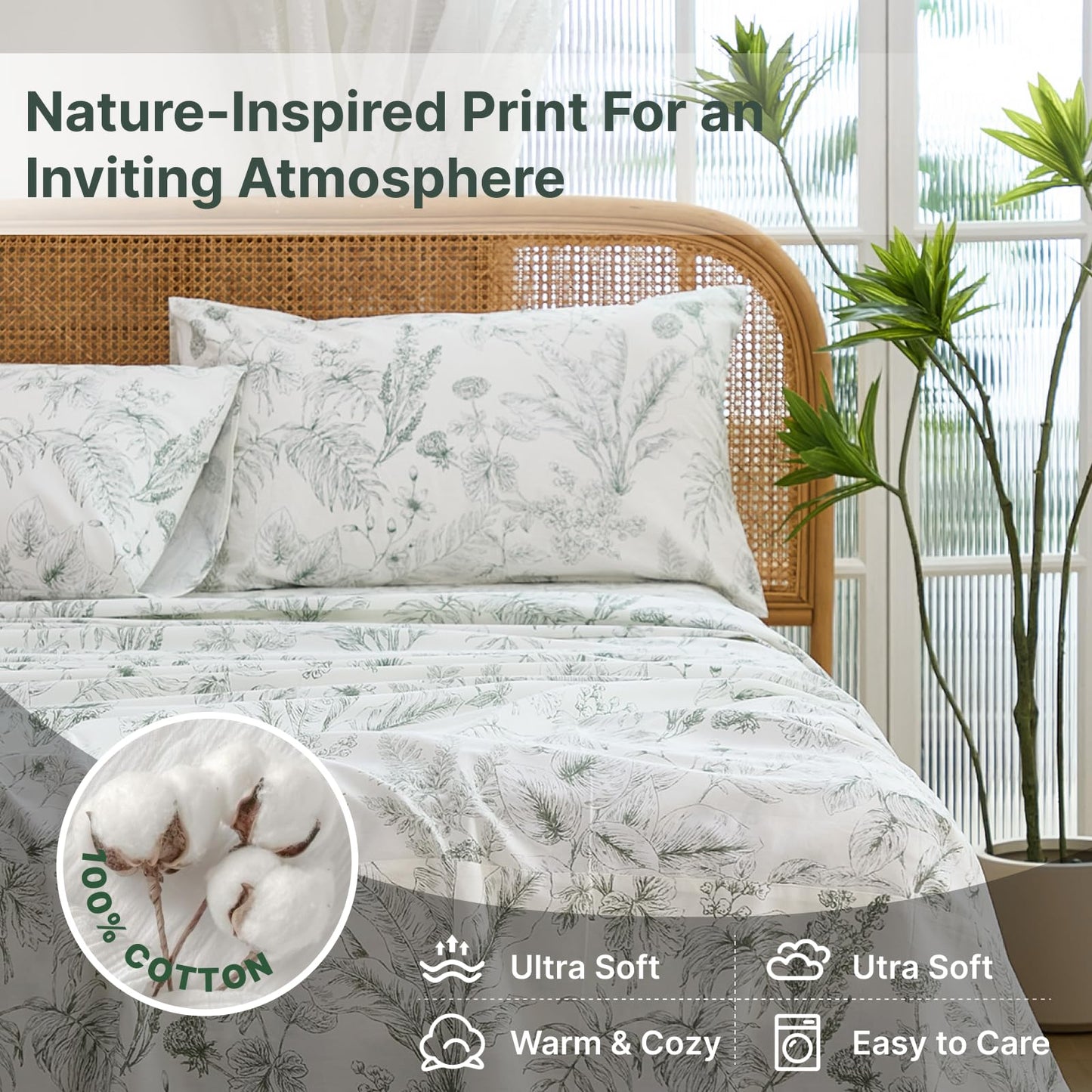 Cozaline 100% Cotton Sheet Set Queen Size – 4-Piece Chic Garden Floral Bedding Set, Soft Breathable Percale Weave, Deep Pocket Fitted Sheet 17.5", Crisp Cool Feel, Refined Botanical Elegance