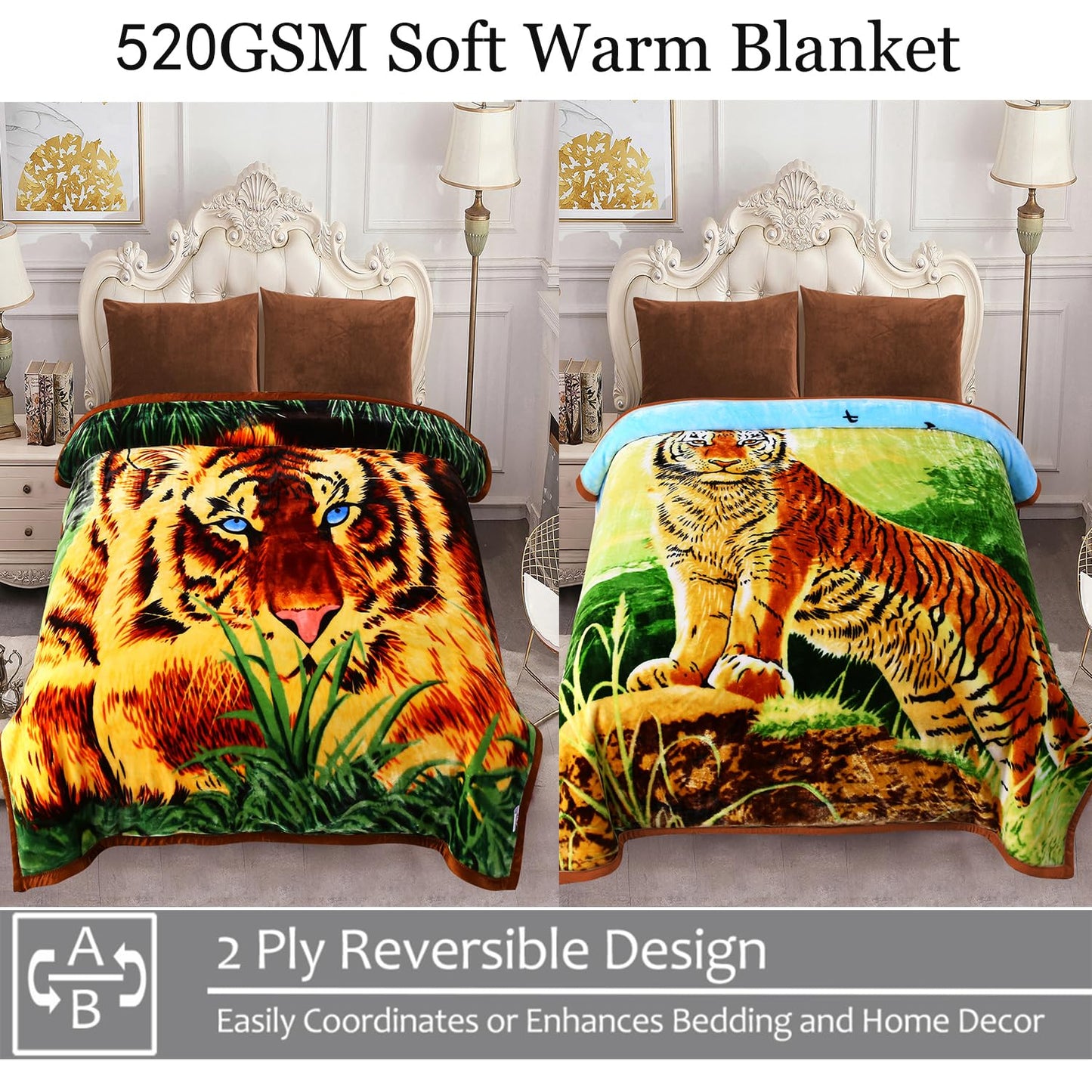 JYK Soft Fleece Bed Blanket Queen Size 5LB, Korean Style 2 Ply Reversible 520GSM Silky Plush Blanket Microfiber, Warm Cozy Blanket for Autumn, Winter 75x87 Inches - Green Tiger/Brown Tiger