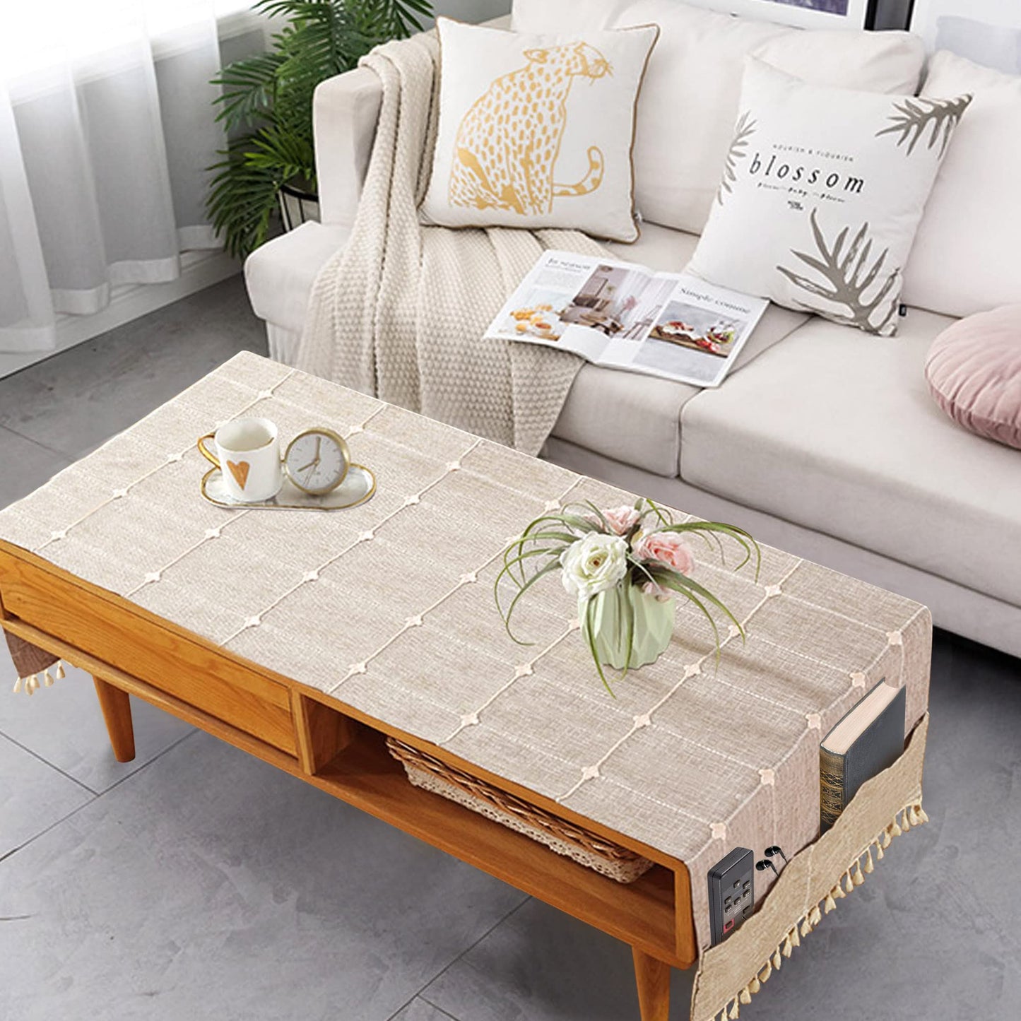 Ajerg Coffee Table Cloth, Boho Coffee Table Cover for Living Room Tablecloth Cover with Pockets & Tassel, Rectangle Striped Coffee Tablecloths Washer Dryer Fridge Top Dust Cover - 20x57inch