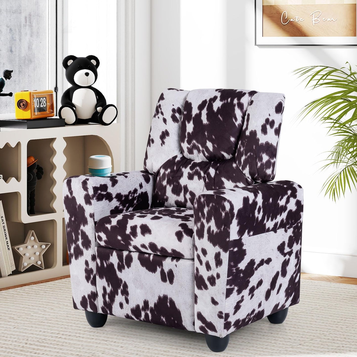GLACER Kids Recliner with Cup Holder, Velvet Toddler Lounge Chair w/Adjustable Backrest & Footrest, Spring-Loaded Seat Cushion, Push Back Toddler Sofa for Boys & Girls Ages 3+ Years Old (Cow)