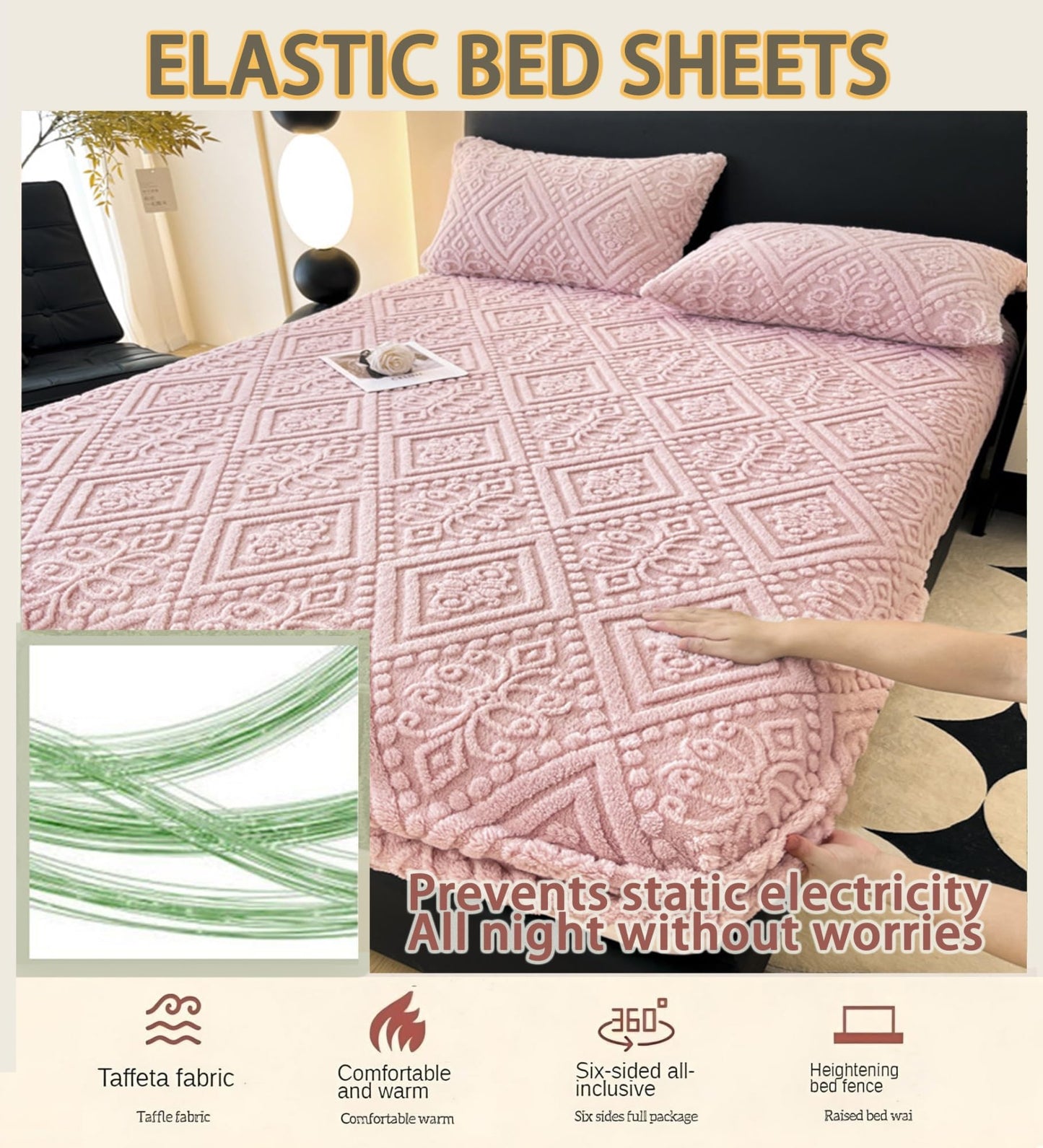 Elastic Bed Sheets Bohemian Taffeta Velvet Full Fitted Sheet, Ultra Soft Mattress Protector Fluffy Plush Bedding(Beige,Twin)