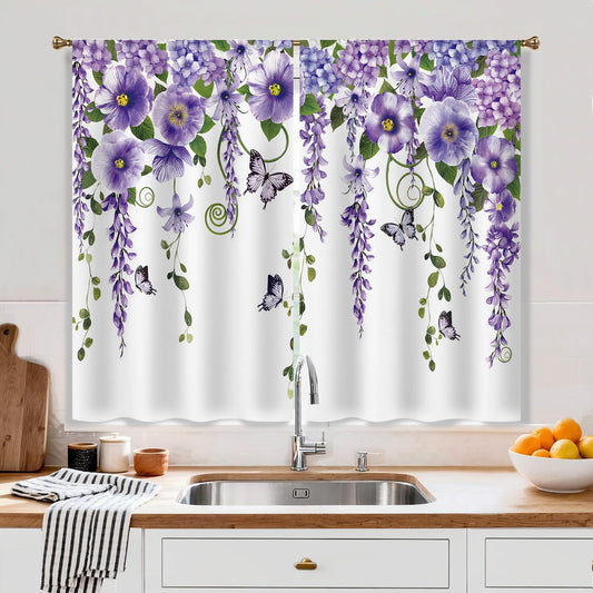Cizuug Purple Floral Butterfly Lavender Kitchen Curtains Purple Floral Farmhouse Country Drapes Rod Pocket Spring Lilac Flower Summer Small Short Cafe Tier Curtain for Bathroom 2 Panels (27.5x39Inch)