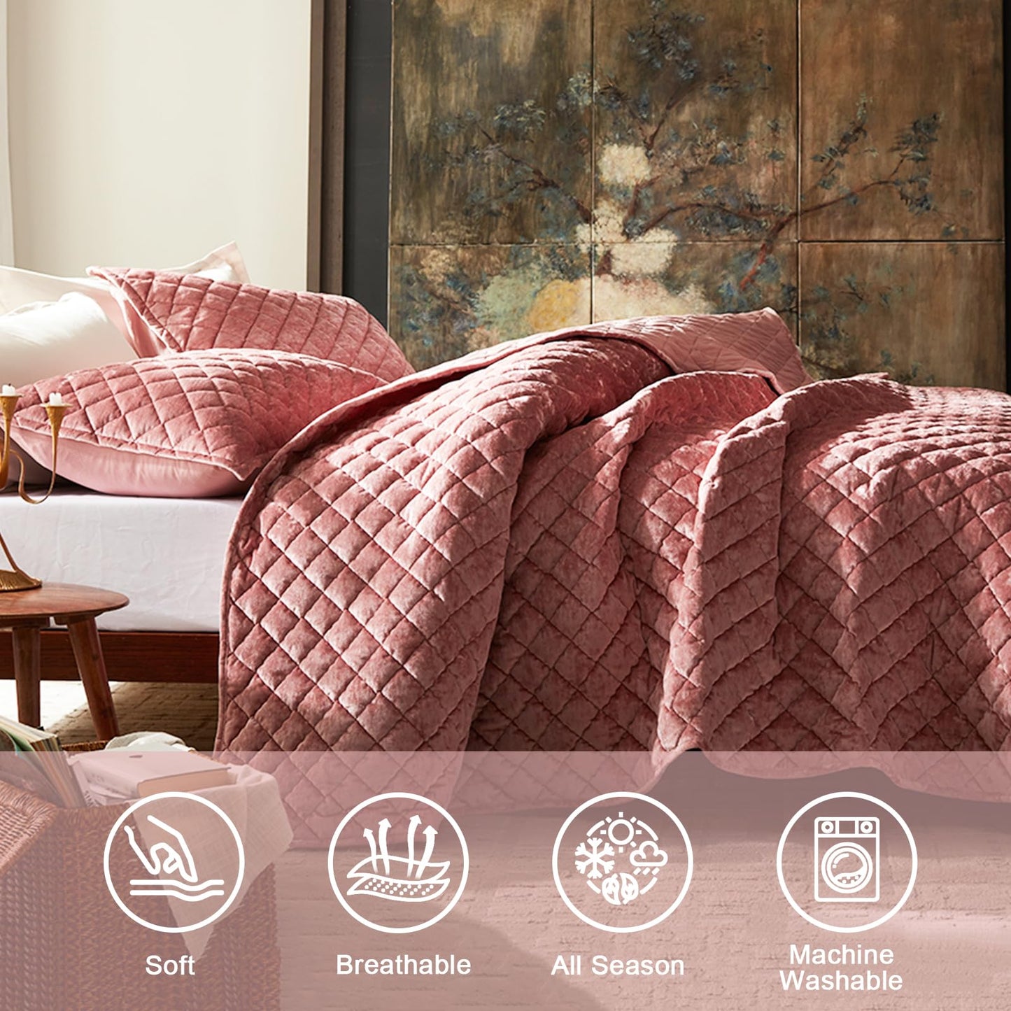 Cosybay Luxury Velvet Quilt Set Queen, Lightweight Oversized Bedspread Coverlet Quilted Box Stitch Bedding Set, with 2 Matching Pillow Shams, for All Season, Rose Pink