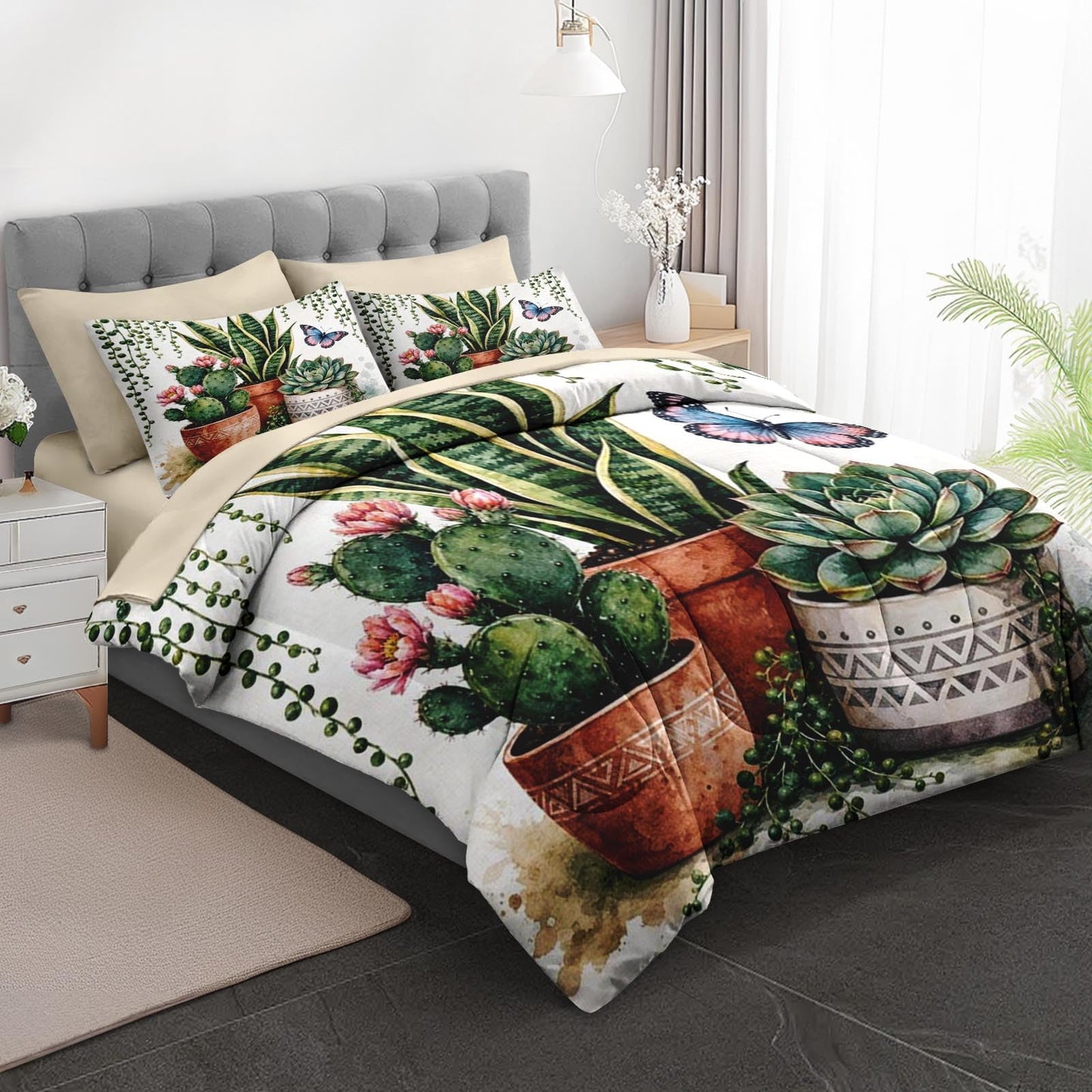 Boewywh Comforter Set Twin Size Boho Cactus Plant 7 Pcs, Bedding for Kids and Adults, Bed Sheet Sets with Fitted Sheet 2 Pillowcases & 2 Shams for Bedroom Bed Decor