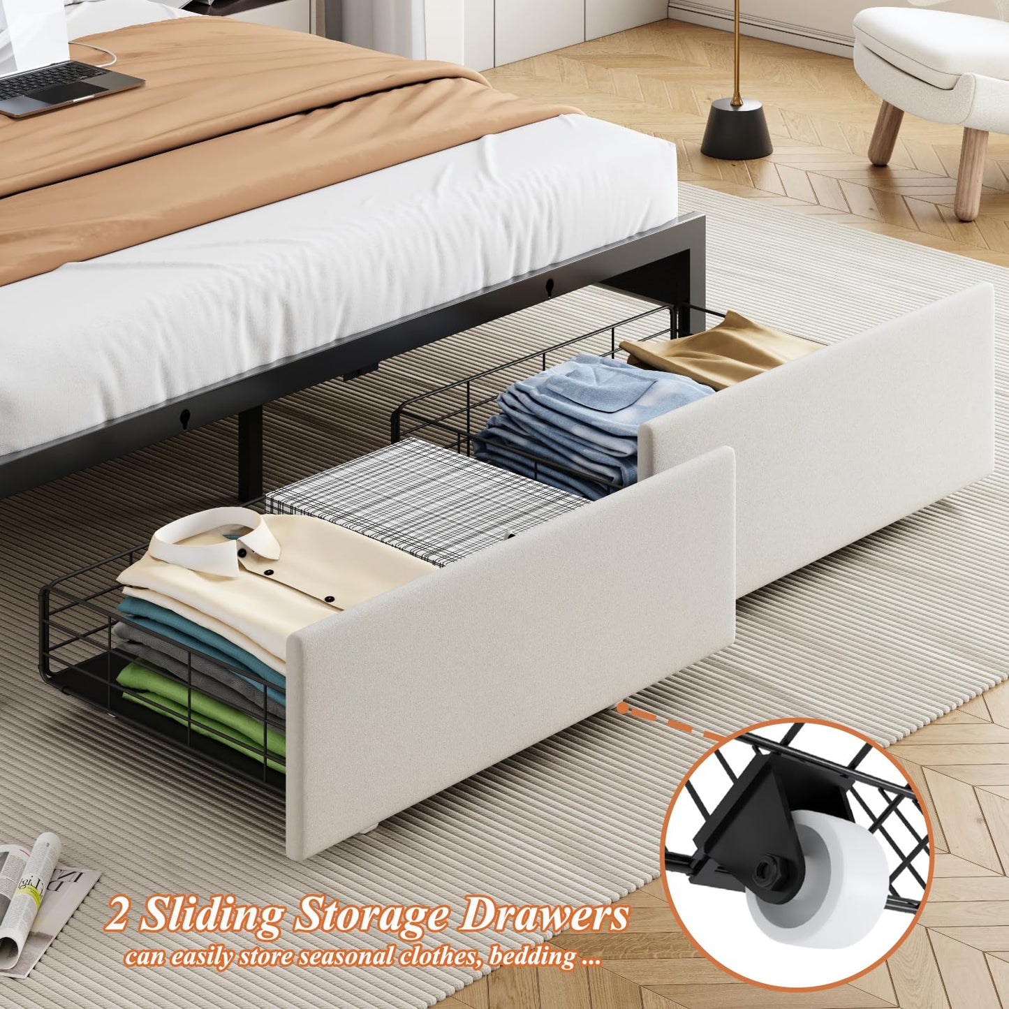 Full Size Bed Frame with Storage Headboard and 2 Drawers, Upholstered Button Tufted Bed Frames Full with Led Lights and Handy Charging Station, No Box Spring Needed, Easy Assembly, Noise Free, Beige