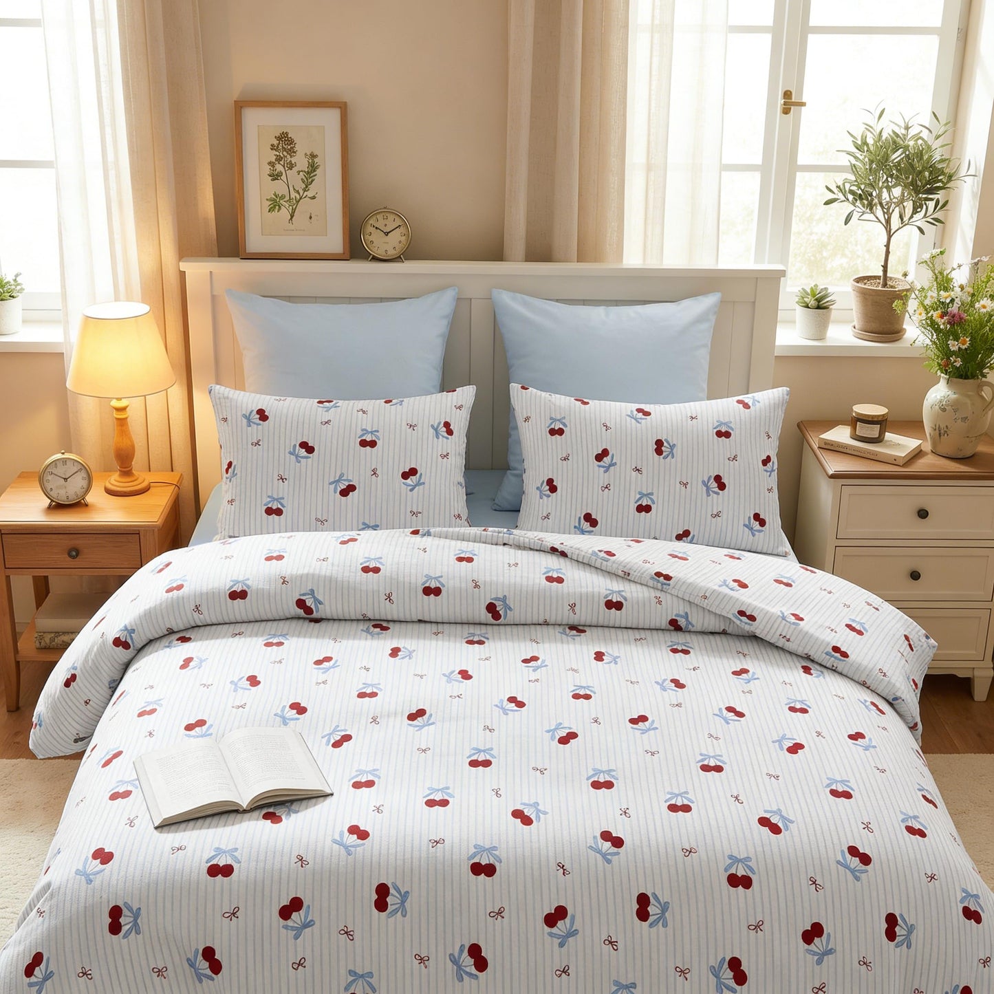 Sedefen Striped Duvet Cover Queen Size Pink Bow Cherry Duvet Cover Set Kids Boys Girls Aesthetic Blue Stripe Bows Printed on White Beddng Set Reversible Soft Breathable Microfiber 3 Pcs