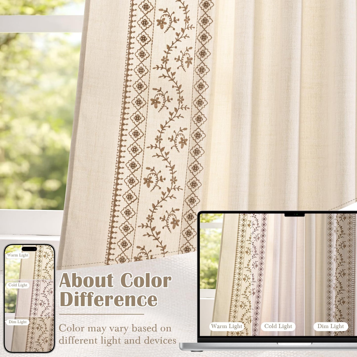 Yinhua Boho Curtains for Living Room 84 Inch Long Brown Embroidered Floral Bedroom Curtains, Farmhouse Light Filtering Window Curtain Rod Pocket & Back Tab Drapes, 52" W x 84" L, 2 Panels
