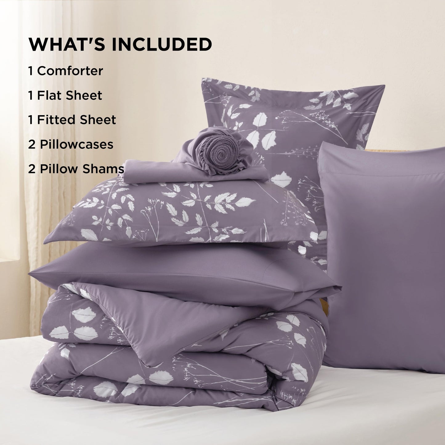 Bedsure Grayish Purple Queen Comforter Set - 7 Pieces Floral Bedding Sets Queen Bed in a Bag with Reversible Botanical Flowers Comforter, Sheets, Pillowcases & Shams