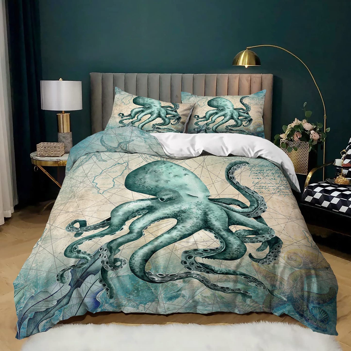 CVHOUSE Octopus Duvet Cover King Size,Sea Animal Mediterranean Style Design Bedding Set,Ocean Octopus Comforter Cover for Kids Teens,1 Duvet Cover 2 Pillowcases 3 Piece