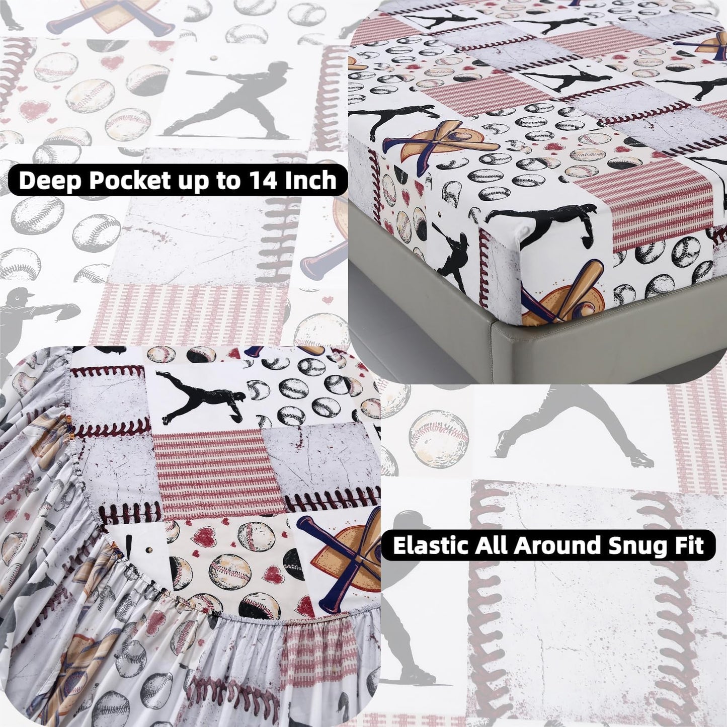 SDIII 4 Pieces Baseball Sheets Twin for Boys Girls Kids Teens, Soft Microfiber Deep Pocket Sport Themed Twin Sheets Set for All Season