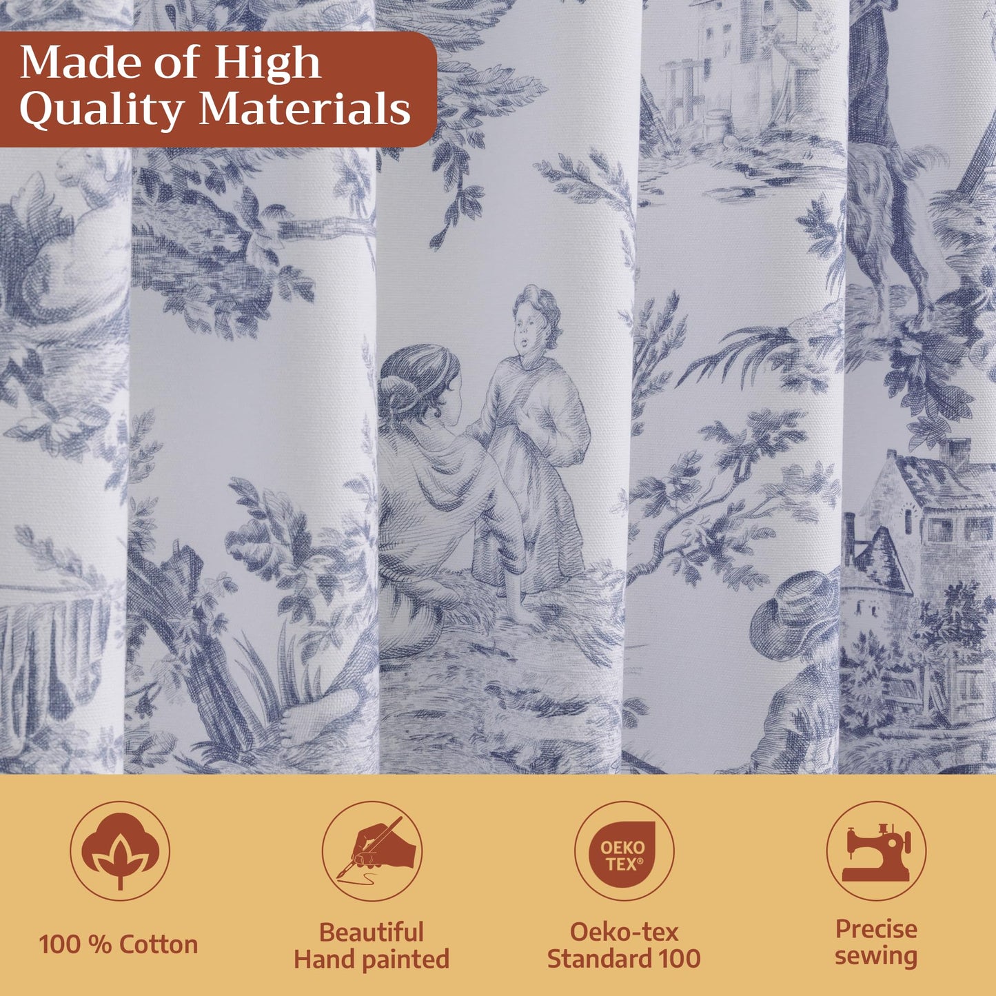 Maison d' Hermine Curtains for living room 100% Cotton 96 inch length One Panel Light Filtering Toile Curtains for Bedroom with rod and loop Pockets (The Miller Blue (White Background), 50"W x 96"L)