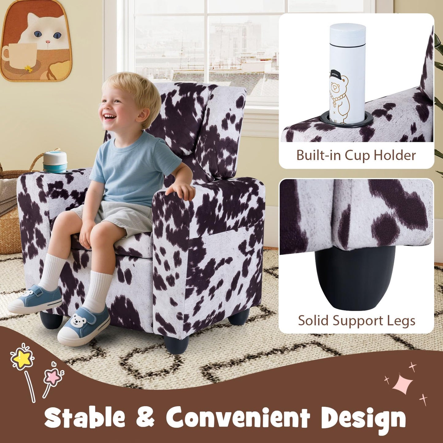 GLACER Kids Recliner with Cup Holder, Velvet Toddler Lounge Chair w/Adjustable Backrest & Footrest, Spring-Loaded Seat Cushion, Push Back Toddler Sofa for Boys & Girls Ages 3+ Years Old (Cow)