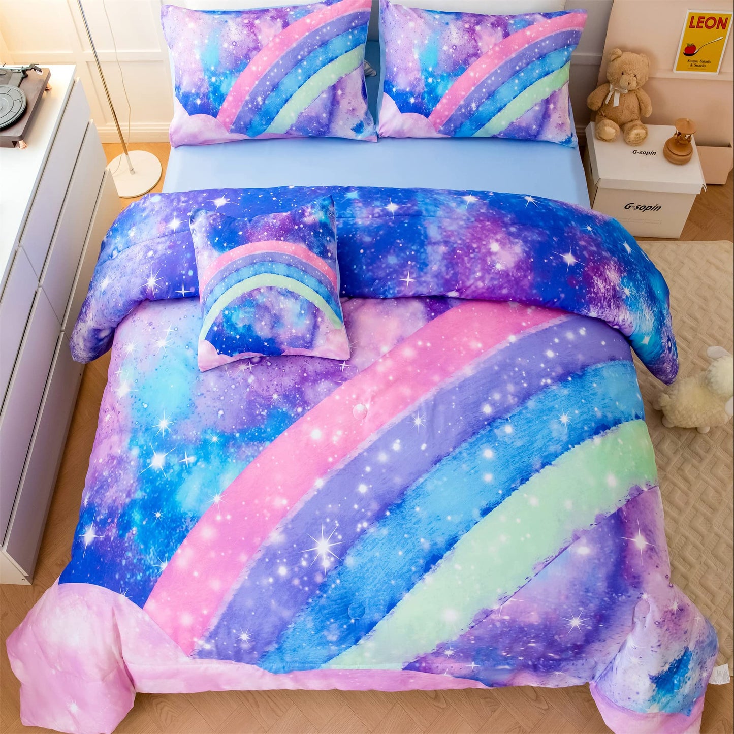 ANGIYUIN Rainbow Full Size Bedding Comforter Set for Girls Gradient Glitter Comforter Set 3D Tie Dye Blue Bedding Sets 6Pcs Soft Lightweight Girl Bed in A Bag for All Season