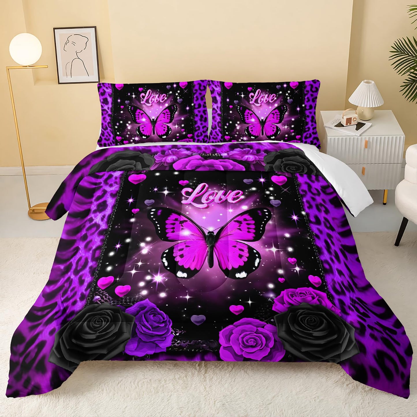 QOOMO 3Pcs Leopard Print Comforter Set Queen Size,Cartoon Butterfly Bedding Set for Teens Boys Girls,Purple Comforter with 2 Pillowcases,Soft and Lightweight