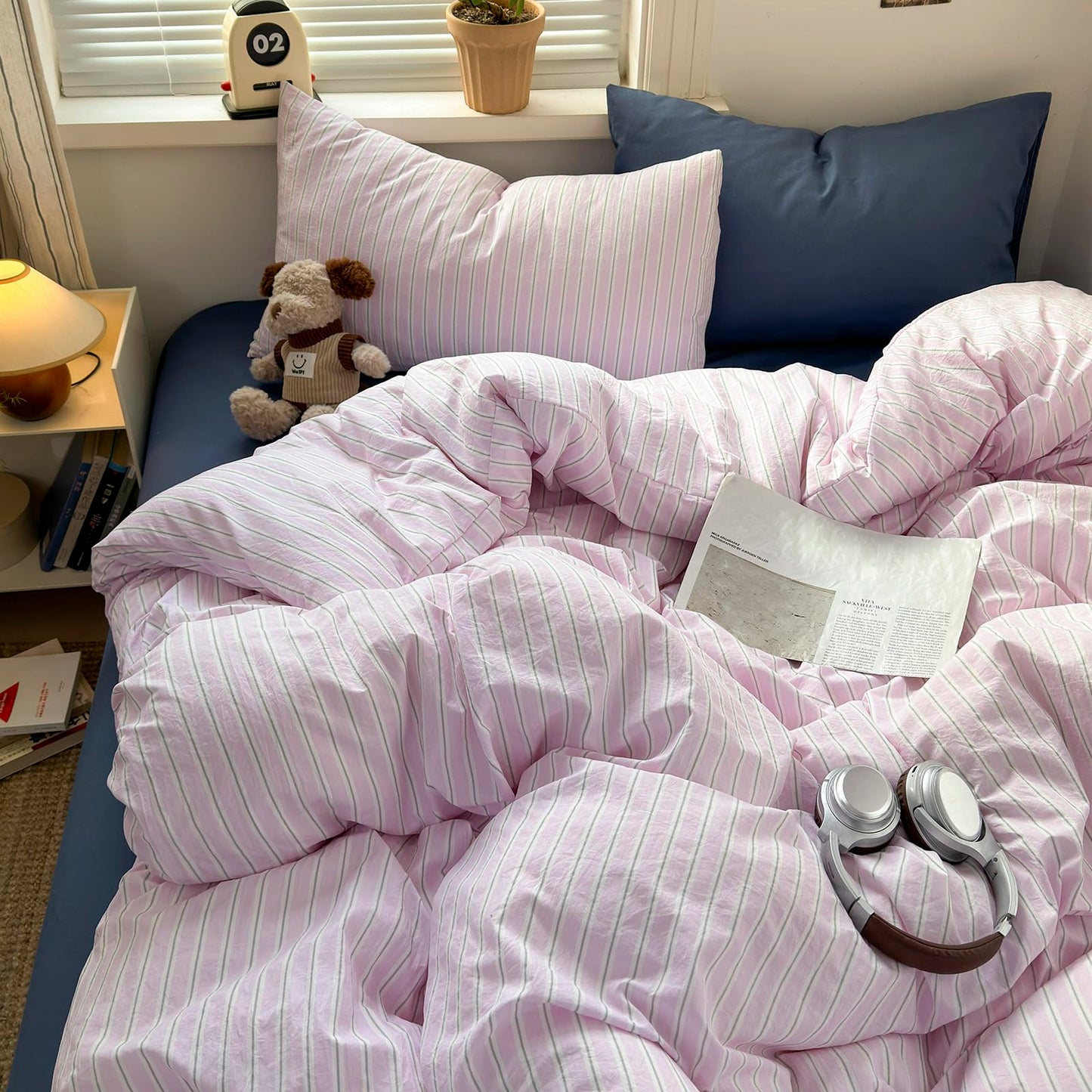 VM VOUGEMARKET Pink Striped Duvet Cover Set Queen Size,Casual Stripe Bedding Set for Teens Girls,Soft Microfiber Comforter Cover for Modern Bedroom,90"x90"