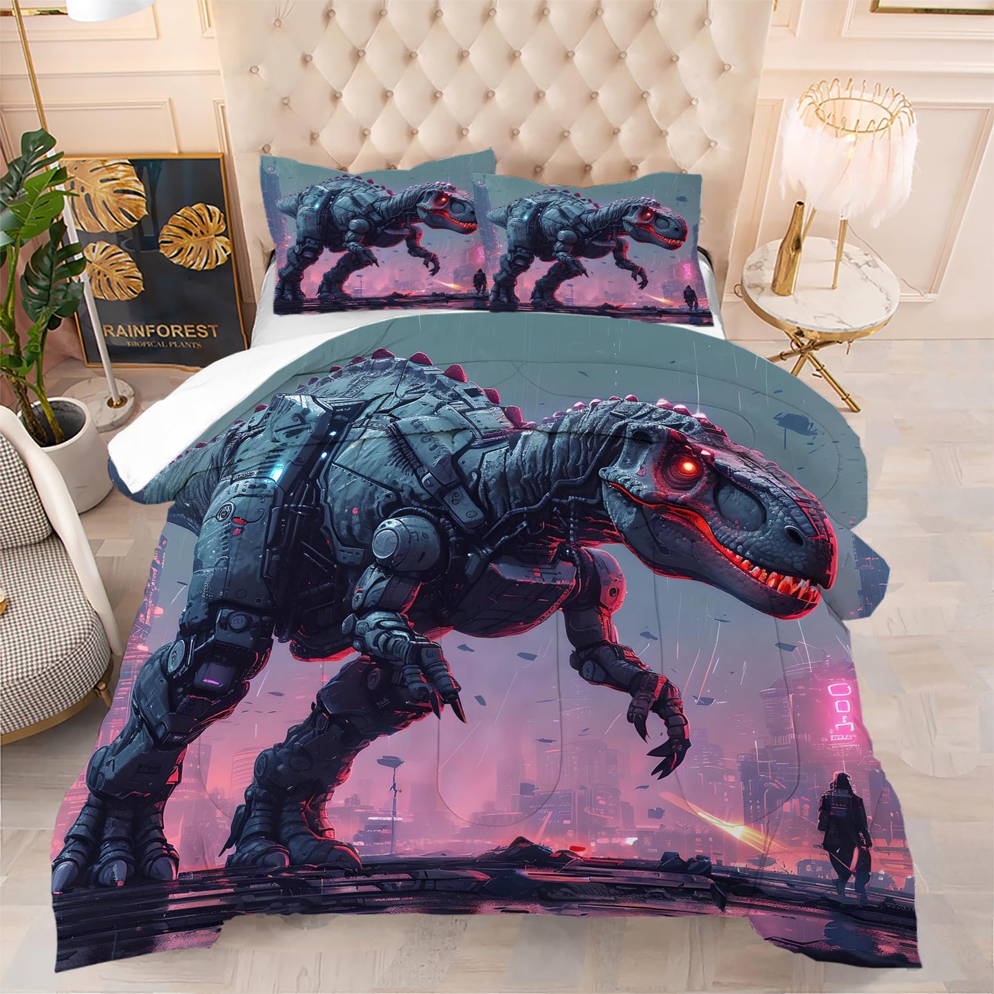 VTKON Kids Dinosaur Comforter Set Queen Size Dino Bedding Set for Kids Teens 3D Printed Neon Dino Comforter Sets 3 Pcs Soft Microfiber Boys Bedroom Decor